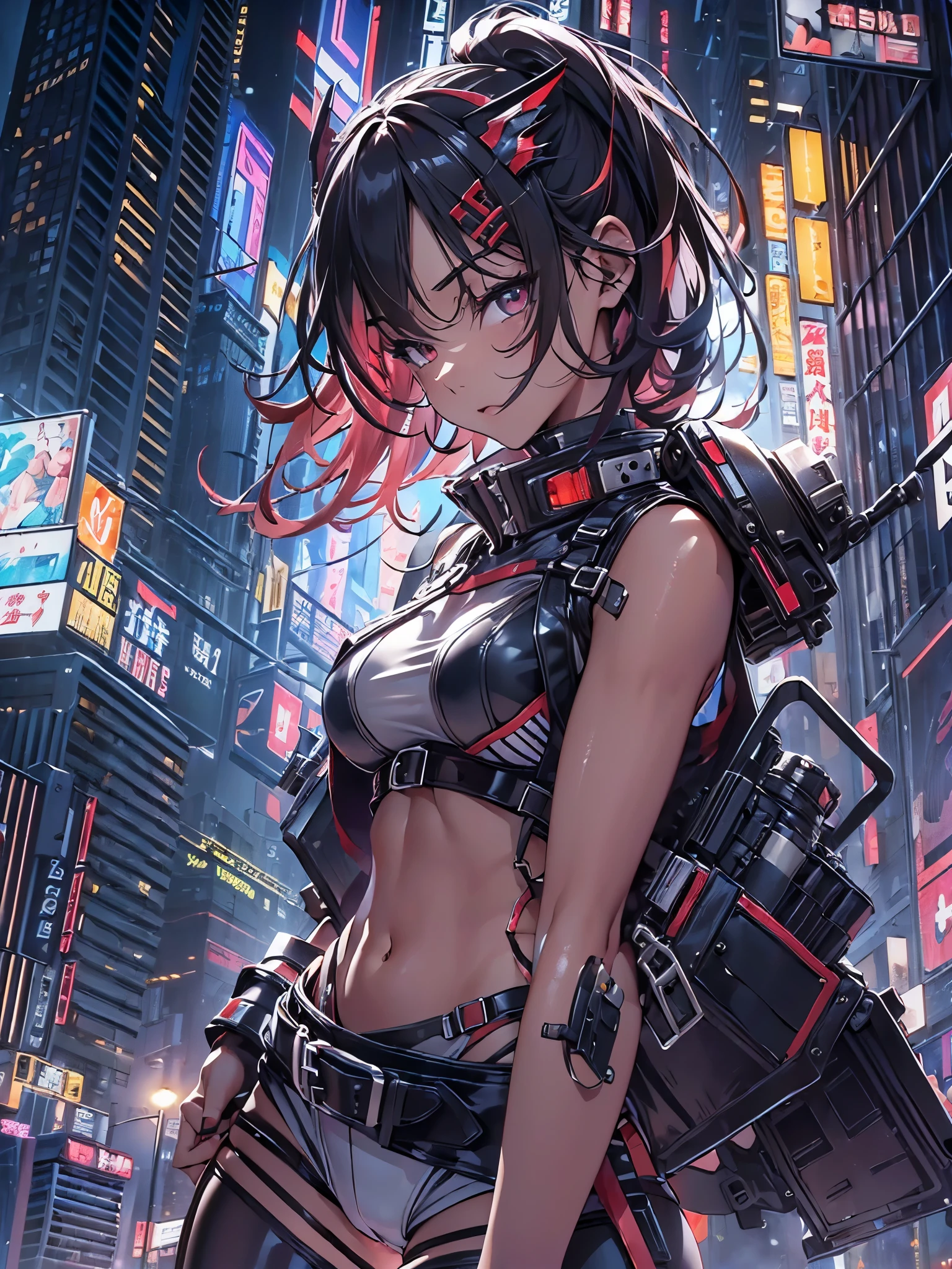 ((1 girl))、masterpiece、best quality、finely detailed, beautiful color, Meticulously drawn hair, Glossy realistic skin texture、shiny skin、 ((cyberpunk))、((dynamism posing:1.5))、((back view:1.3))、((from below:1.5))、((looking down at viewer:1.2))、((Being in midnight city:1.2))、((Hover effect))、((sleeveless:1.2))、((torn and ripped:1.1, hot pants:1.4, highleg:1.4))、((latex))、((crop top navel:1.2))、((wedgie:1.2))、((huge hip:1.3))、((hip focus:1.1))、full body