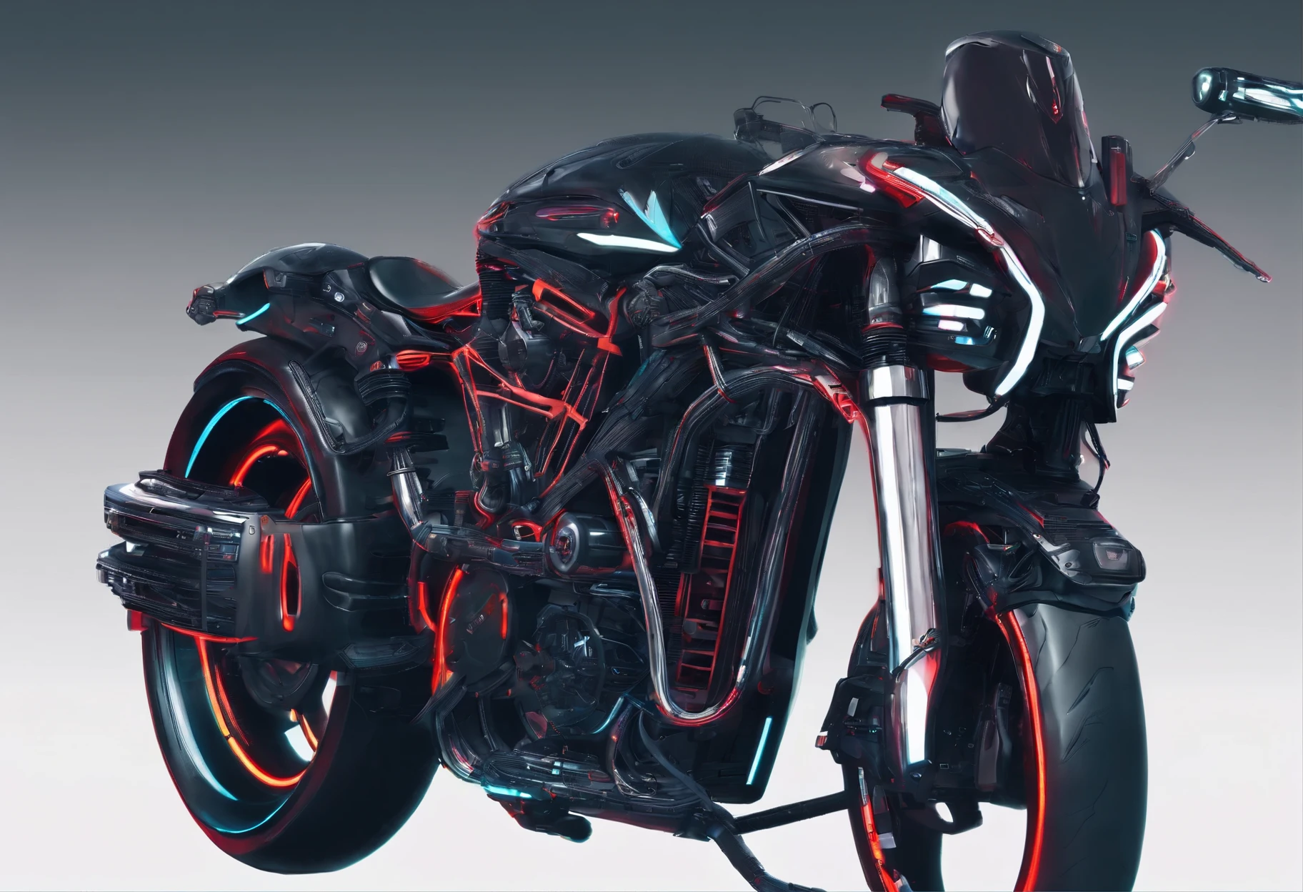 Cyberpunk-style motorcycle, colored in black and neon, featuring intricate and complex mechanical structures with glowing parts. simple background, Photographed by Juergen Teller. Camera model: Sony A9 II. Camera parameters: shutter speed 1/200, aperture f4.5, ISO 800. Lighting style: street light. Fancy words: powerful, sleek, futuristic