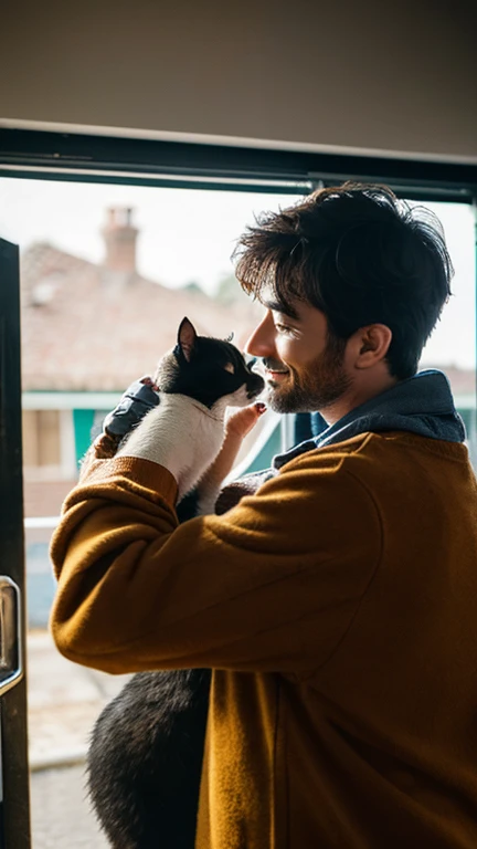 A realistic image of a man admiring a cat
