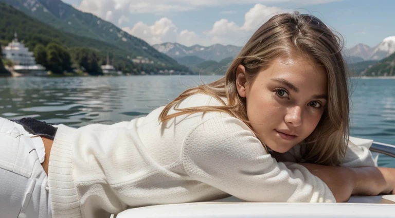high quality Instagram photos, Close up of short stature Slavic sexy pretty blonde 20 year old girl, brown gray eyes, lying on your back, body face up, white jacket, White pants, black sweater, on a yacht against the background of the lake, medium head and short body,