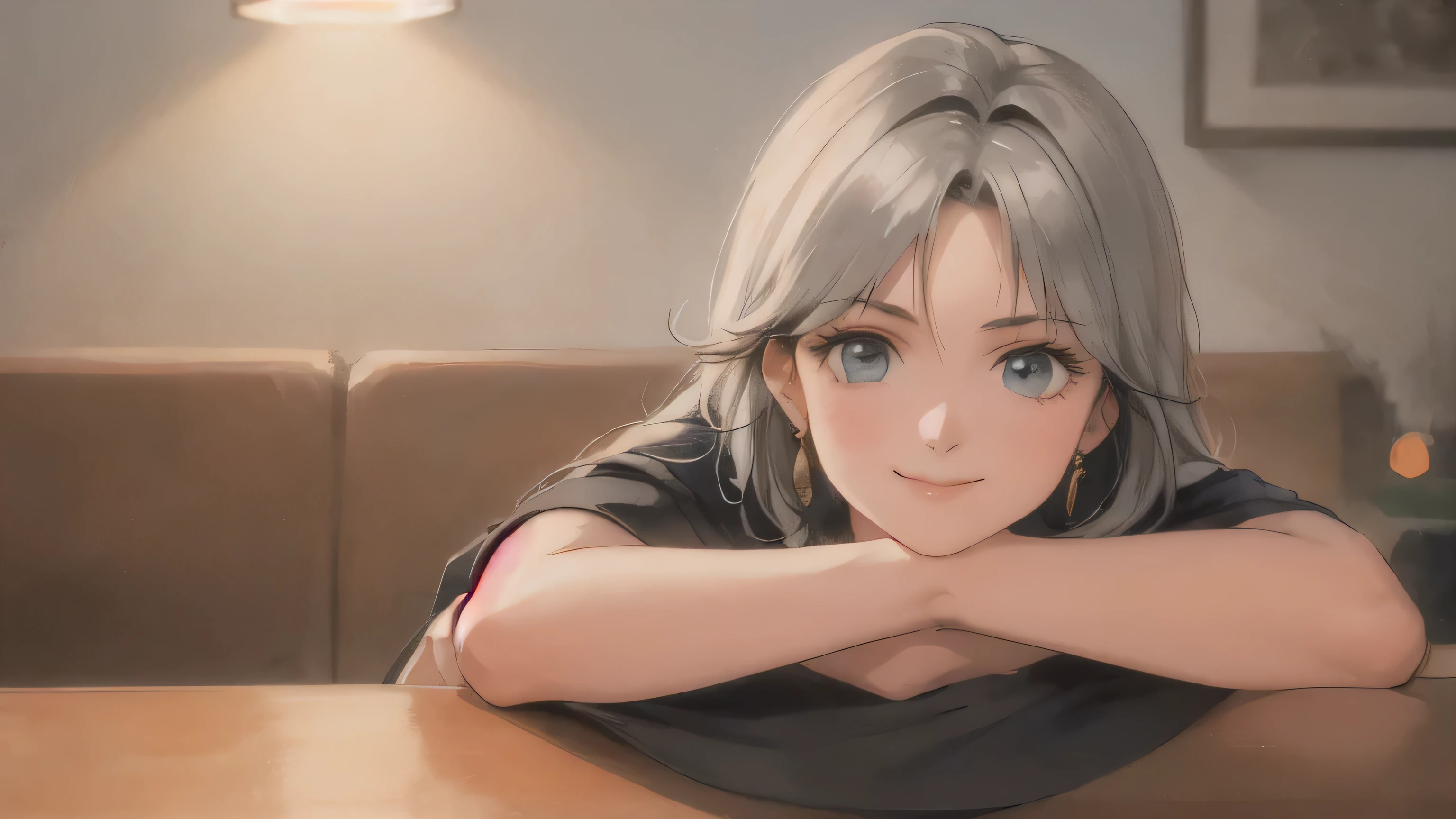 retro artstyle, beautiful, masterpiece, best quality, detailed face, perfect lighting, 1girl, solo,cute ,Mature ,beautiful woman , smile,(closed mouth:1.1) , long silver hair, messy bangs, at the coffee shop, Relaxing
