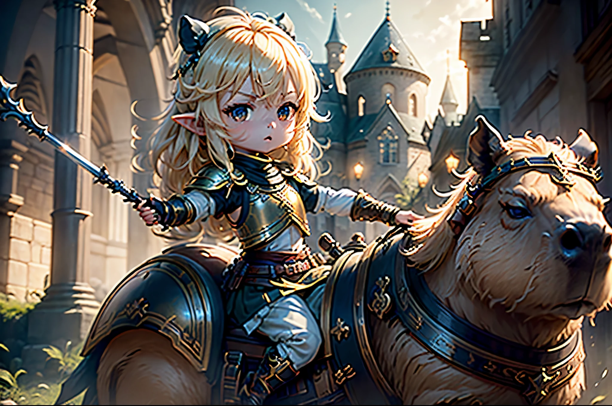 #quality(8k,wallpaper of extremely detailed CG unit, ​masterpiece,hight resolution,top-quality,top-quality real texture skin,hyper realisitic,increase the resolution,RAW photos,best qualtiy,highly detailed,the wallpaper,cinematic lighting,ray trace,golden ratio,), BREAK ,#1elf(chibi:1.4,cute,kawaii,blonde hair,hair floating,knight,white armor,holding spear,cavalryman,attacking enemies, riding on an armored capybara),#background(outside,can see the castle far,at battlefield),full body