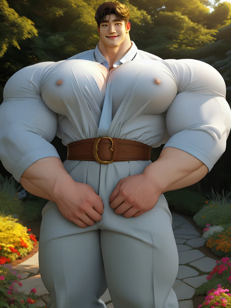 1boy korean male, (korean man with k-pop idol look), giant, model shoot style, looking at viewer, standing, strong body, standing, in the garden, formal suit & pants, prominent large bulge, brutalmass, detailed face, heavy muscular, stubble, photo real, big, brutalmass, giant, muscular body, bulk, massive body, large size, smile, illuminating light, golden hour, outdoor