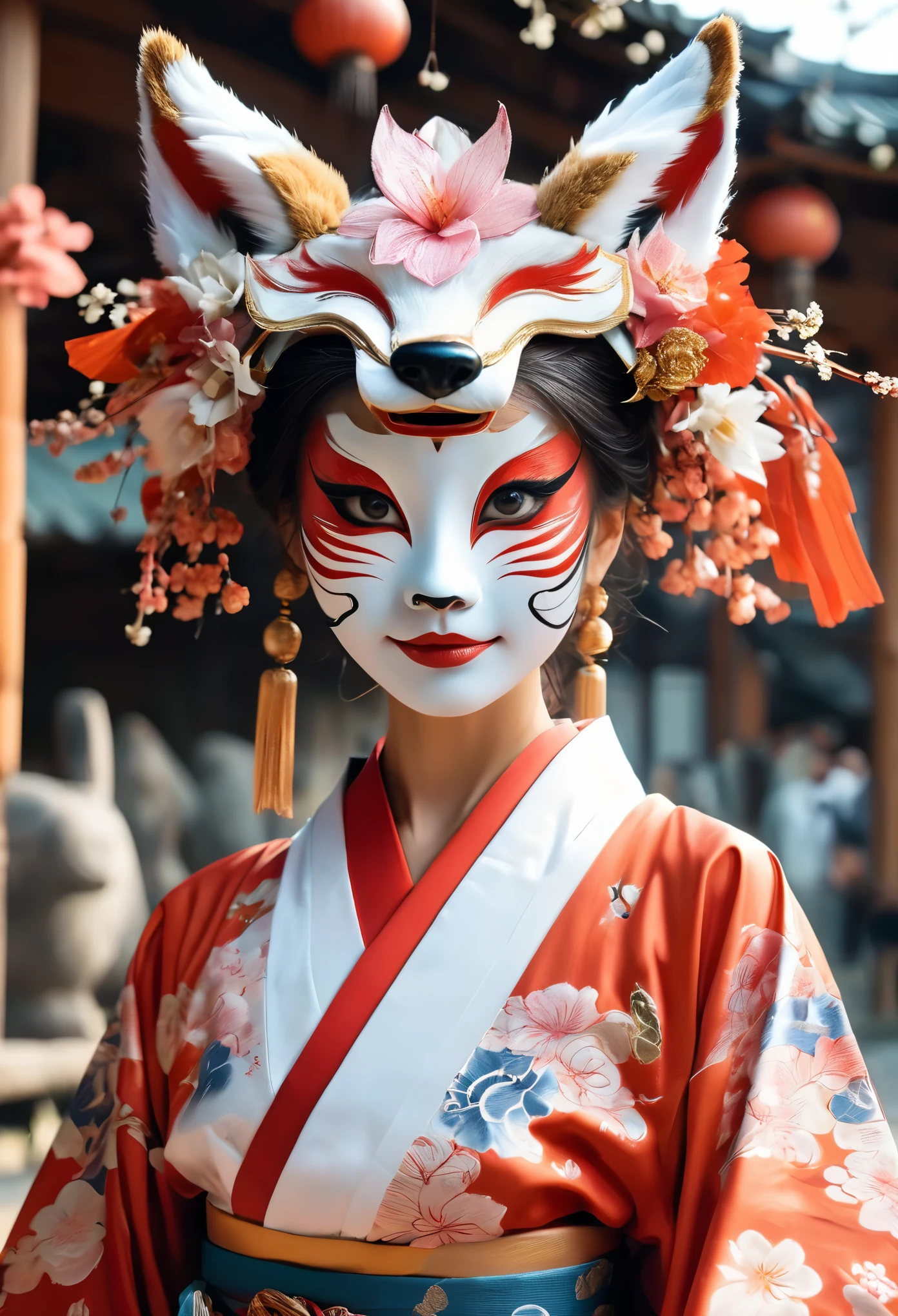 A humanoid guide wearing a fox mask, narrating the festival's history and guiding visitors to various locations, creating a mystical atmosphere with the fox mask and kimono, in 8K, HD, highly detailed, realistic photography.