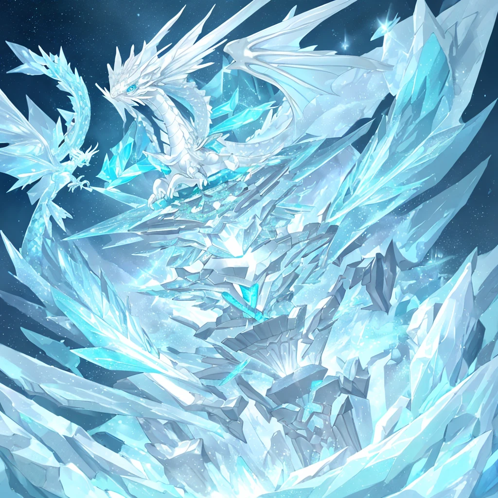 A silver-white flying dragon with cyan crystals on its chest stands in the ice field