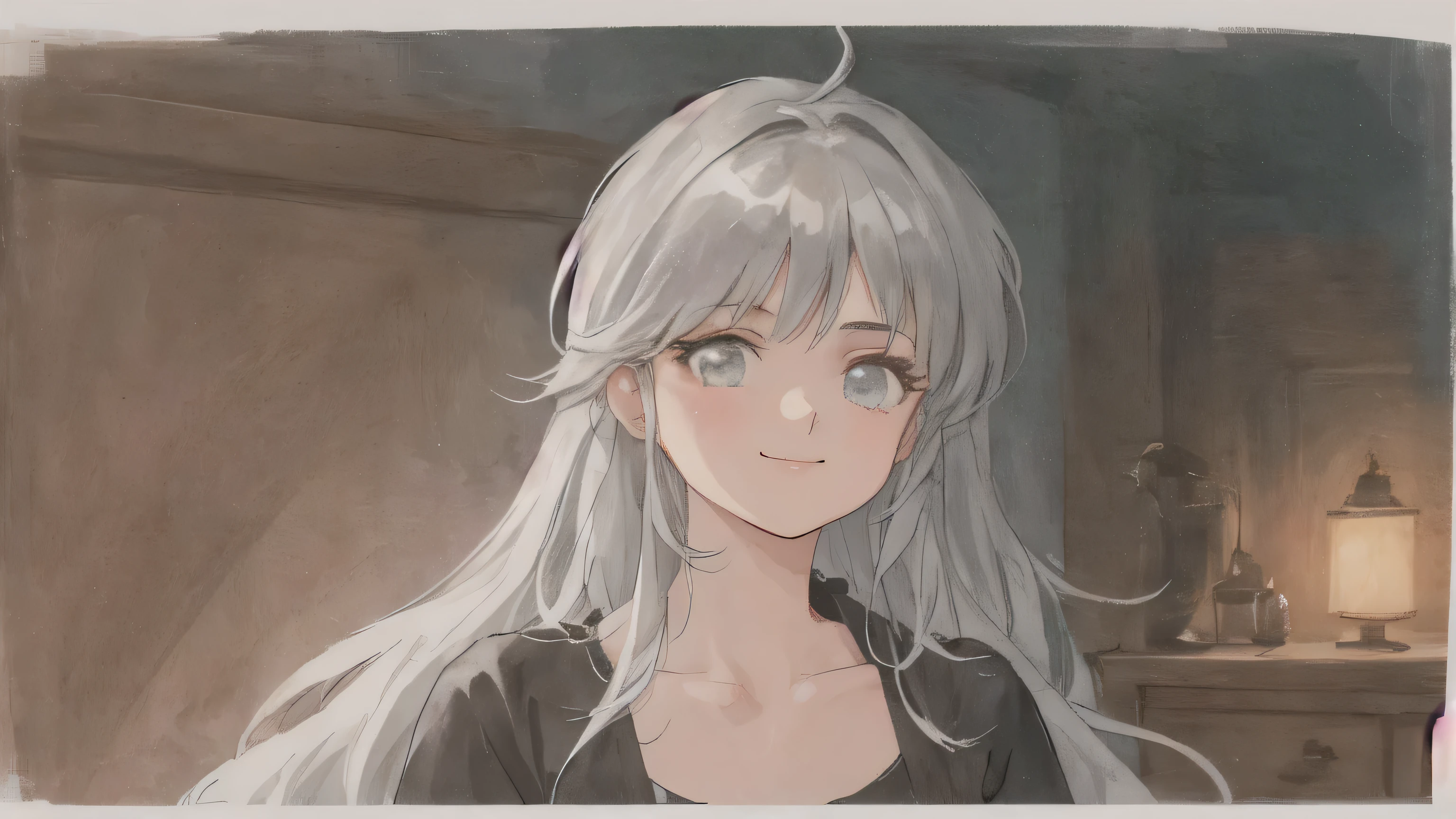 retro artstyle, beautiful, masterpiece, best quality, detailed face, perfect lighting, 1girl, solo,cute ,Mature ,beautiful woman , smile,(closed mouth:1.1) , long silver hair, messy bangs, messy bangs, In my room, (night background:1.1), (upper body visible: 1.2), full body