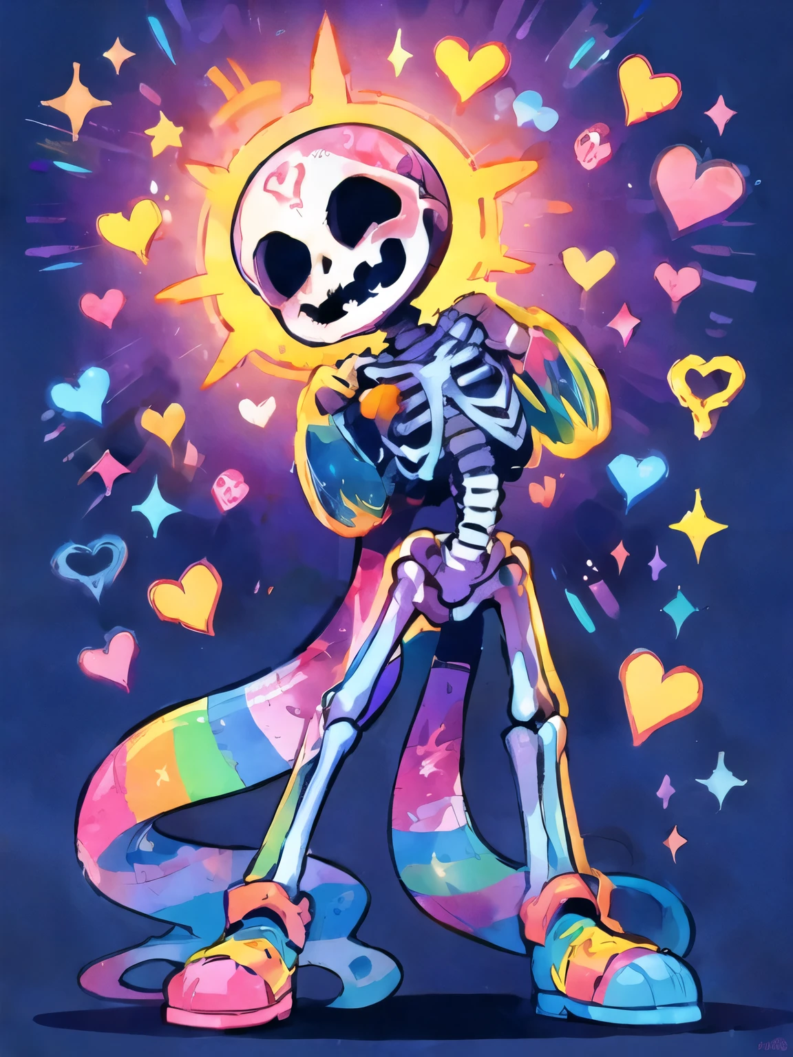 a cartoon skeleton with a skateboard and a rainbow scarf, cute skeleton, Lisa Frank Art Style, Just a joke, saint skeleton queen, lisa frank style, Alex Yanes and Lisa Frank, ( ( ( skeleton ) ) ), lisa frank style, Glowing bones, skeleton girl, skeleton, Full-color digital illustrations, procreate illustrations, skeleton，rainbow，bright，颜色bright，cute