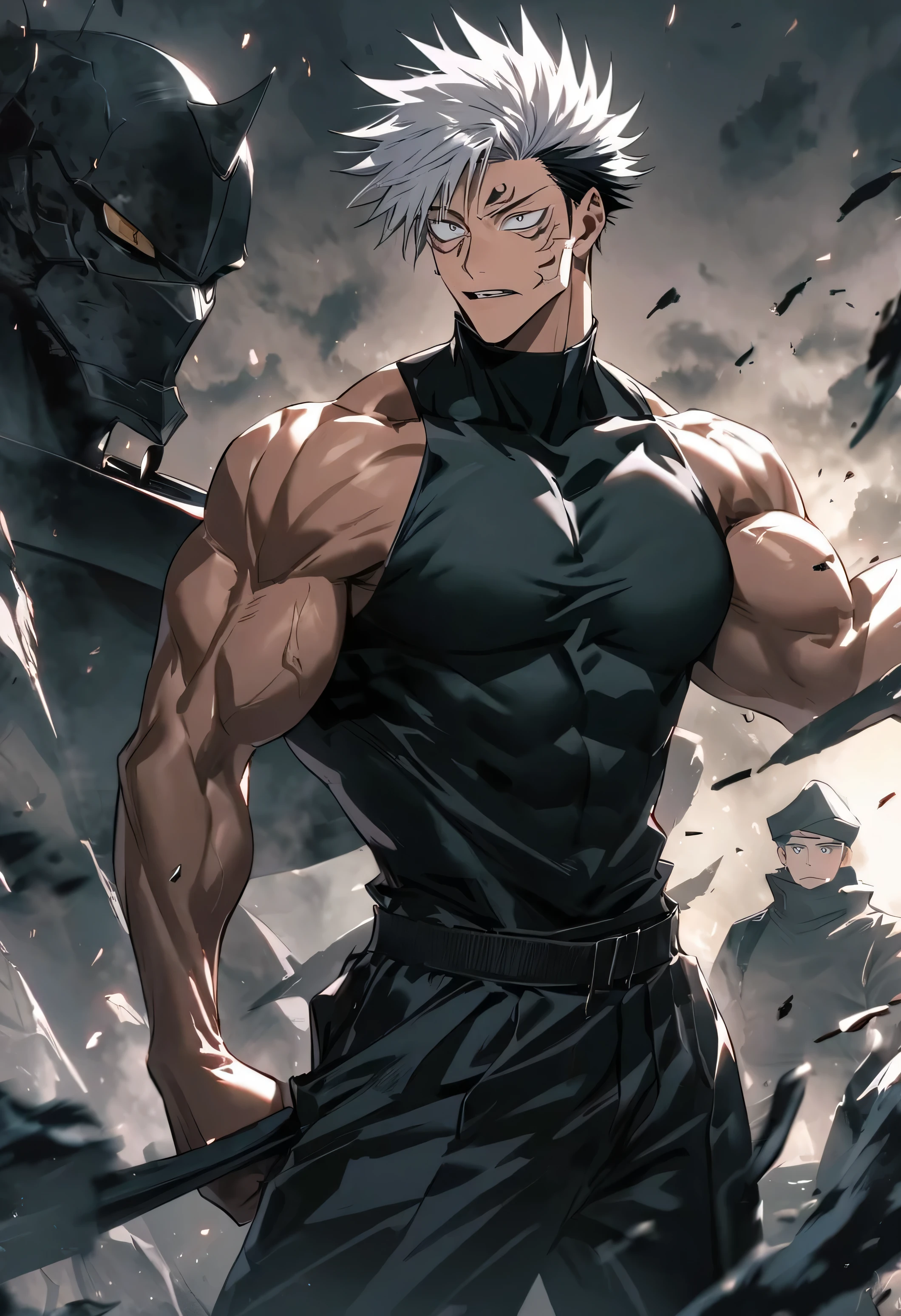Um Personagem feiticeiro homem, Negro, muscular, com roupa de feiticeiro de Jujutsu kaisen