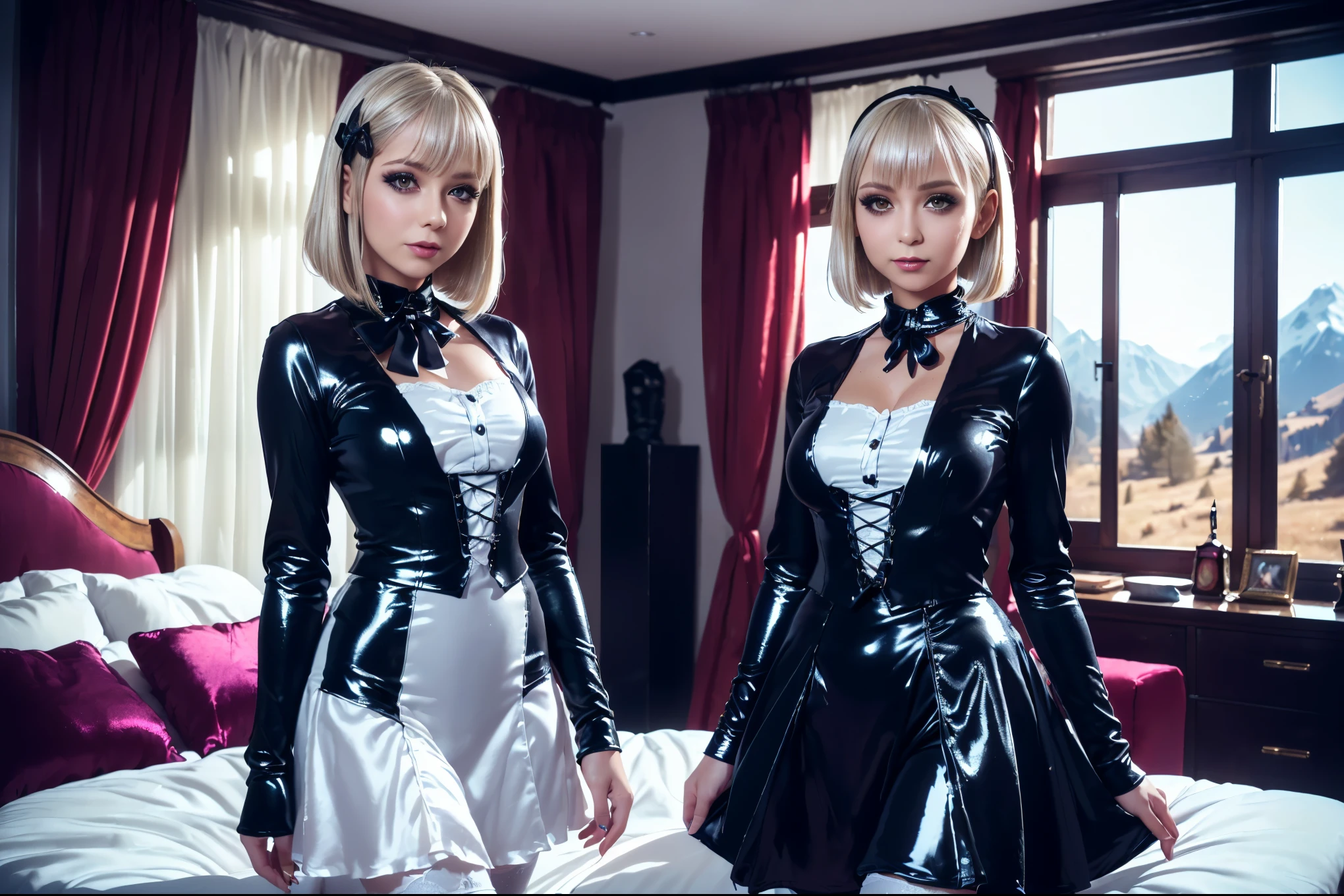 (Masterpiece, professional lighting, 16k, 8k wallpaper, raw photo, photorealistic: 1.8, ultra detailed natural soft lighting, detailed skin, detailed face, detailed eyes, textured skins, cinematic composition, shooting retro-detailed view: 1.2), (girls, interior of mountain chalet bedroom: 1.5, luxury furniture, female neglect: 1.3), looking at viewer, shy, big breasts , embarrassed face, smile: 0.7, silky white skin, gothic makeup, shiny lips, group photo, (3 girls: 1 perfect style, slender), ((slim attractive female body)), ((gothic ta SILK SHINY outfit)), ((outfil smooth and shiny texture)), blonde hair, straight hair, bob cut