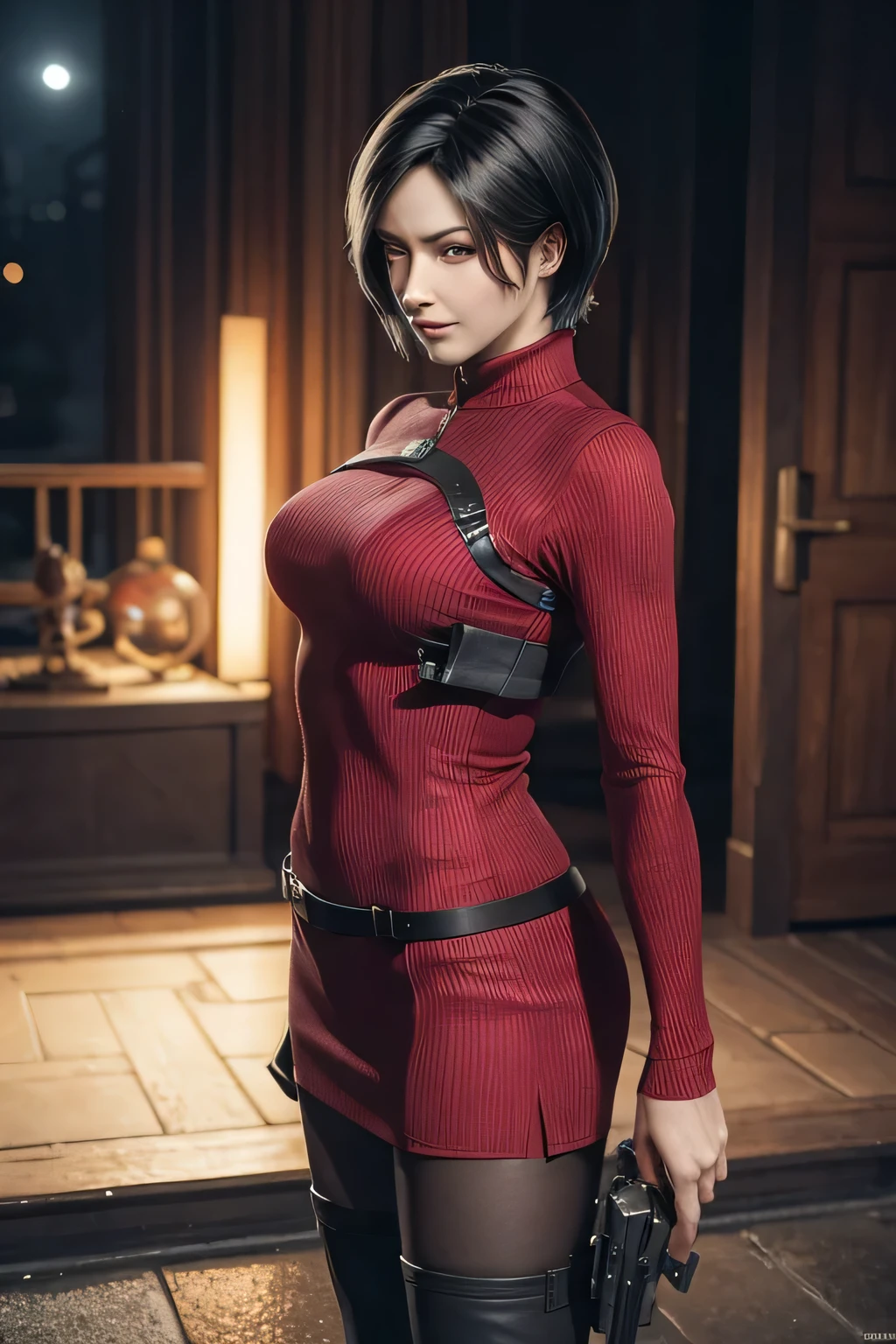 1 rapariga, solo, Ada Wong in Resident Evil 4 Remake, short detailed hair, brunette color hair, Red cheongsam, Short-sleeved shirt, Nero, nedium breasts, upper limbs, hindquarters, Black heels, Adriana's face, Find your audience, sly smile, A pistol was hung on her waist, best qualtiy, hight resolution:1.2, 18th century village in the background, Shadowing, Nightmare, rays of moonlight, Upper body photography, Low camera angle、depth of fields、center focused
