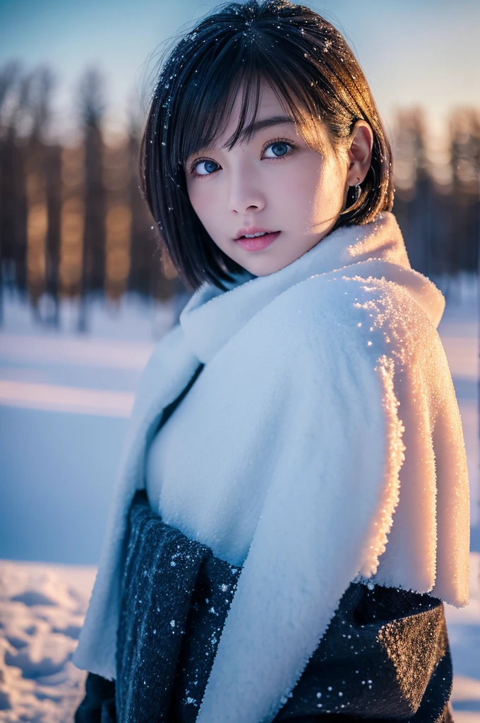 1 girl, (Winter clothes:1.2), Beautiful Japanese actresses, Photogenic, Yukihime, Long eyelashes, Snowflake Earrings, (RAW Photos, highest quality), (reality, reality的:1.4), (Flying debris), Fine and beautiful eyes, beautiful lip detail, Highly detailed eyes and face, Blake is (Frozen snow fields in winter in Lapland), (The last traces of the evening sky:1.4), Mysterious Beauty, Snow covered trees, Powder Snow, Snowy field landscape at dusk, Indigo and deep vermilion color scheme, Dramatic lighting, Great atmosphere, Blake is Perfect Anatomy, Full body slender, Small breasts, (short hair:1.3), Angel'Smile, Crystal skin, wake up, Capture the light