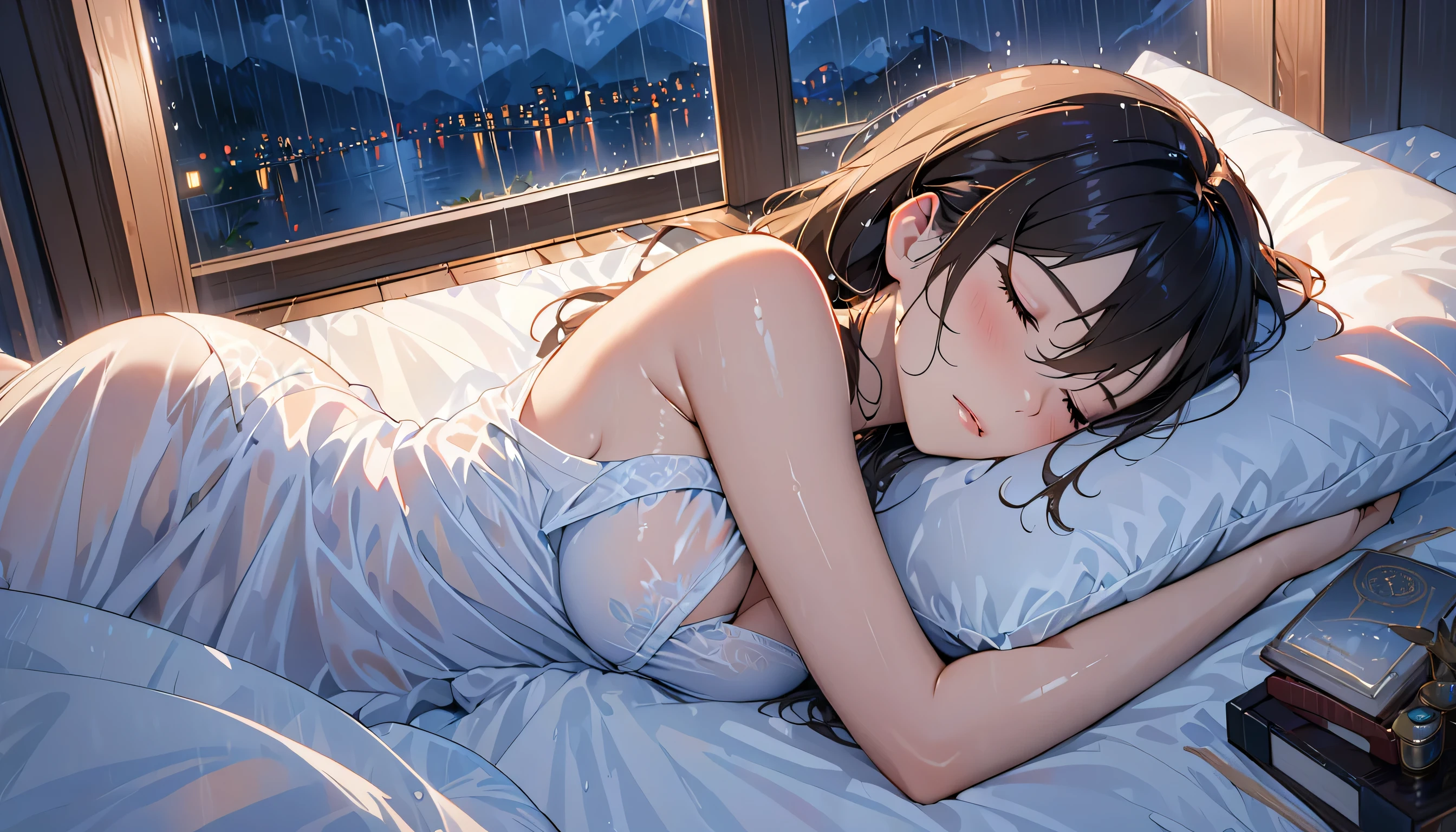 ((best quality)), ((masterpiece)), (detailed), perfect face, lying in bed and sleeping, take off all clothes, rainy window, Rainy night, eyes closed, one woman, underclothed, butt visible, breasts visible, sleeping on a pillow