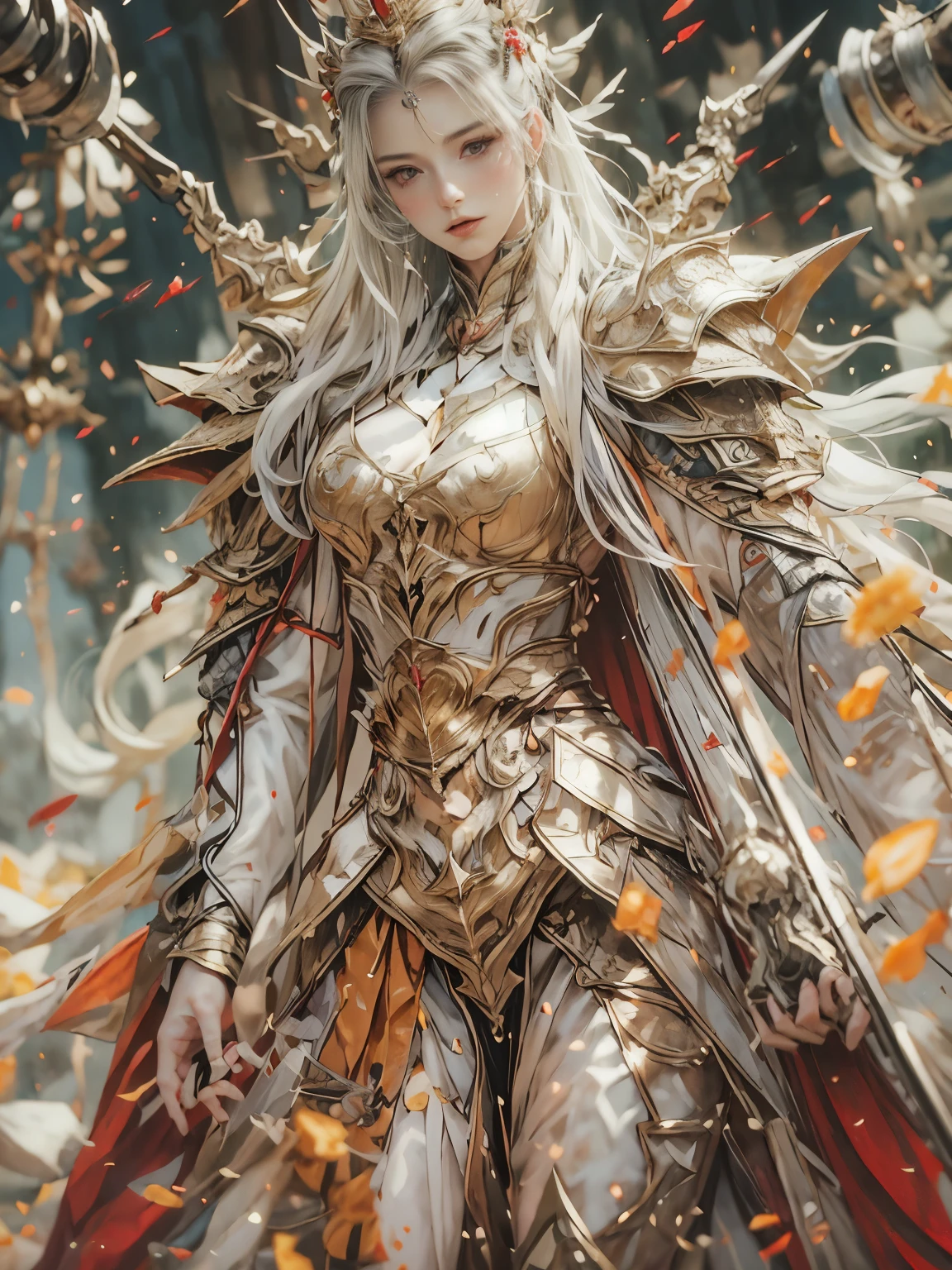 (8K, highest quality, masterpiece),(Realistic, RAW Photos, Super Fine Clear), Realistic Light, Detailed skin, Beautiful woman, ((35-year-old woman, queen:1.5)), Thin legs, fine grain, white long hair, Detailed fingers, thin, Sexual, Ecstasy facial expression, Super big , boucing firm bust, The chest part of the armor is wide open, Chest exposed, (deep scarlet armor), (peach, peach garden, Flower storm), lakeside palace