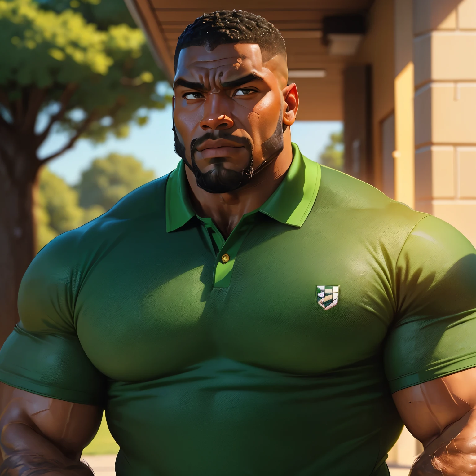 an exaggeratedly muscular and large bodyguard, beefy build, beard, dark-skinned african american male, buzzcut hair with square line, (worried expression: 1.2), (wearing green college polo shirt: 1.2), (bara pecs: 1.3), (arm and chest hair: 1.1), close-up portrait HD, (grassy university campus)