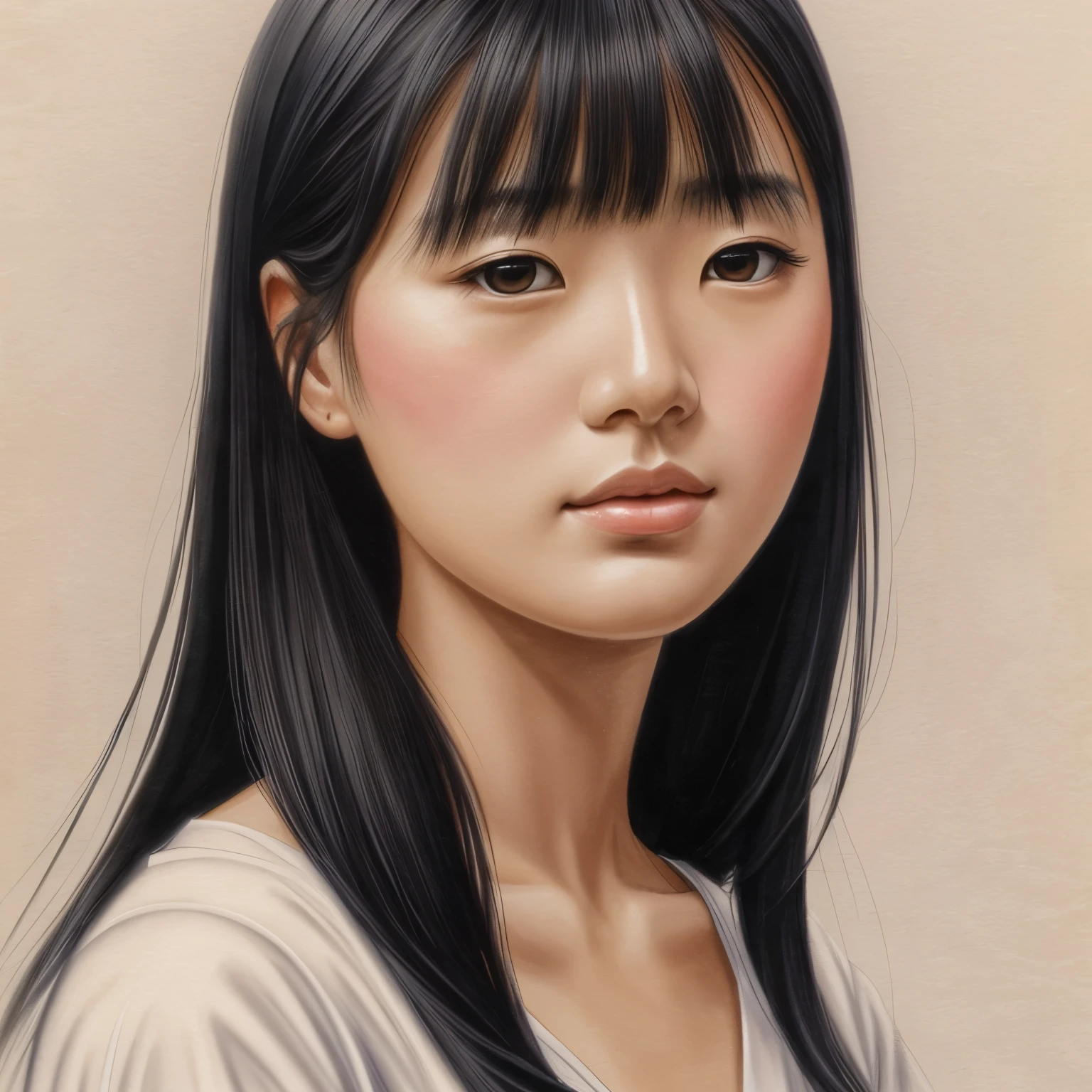 Create a portrait of a young japan woman with an ethereal and serene expression, reminiscent of a watercolour painting with a mixture of realism and abstraction. The woman's centred, far-away gaze gives her eyes a sense of thoughtfulness and serenity. Her black hair responds to the watercolour medium, making her appear soft and fluid as she disappears into the background. The background is a neutral-toned watercolour, soft and undefined, blending in with the edges of her form. Her lips are tinted a soft pink and are a little distant, as if she is about to speak. The lighting is gentle and diffused, with light from one side creating subtle shadows, highlighting the features of her face and the graceful curve of her neck. Her clothing is not detailed but suggestive, focusing on her face and the soft flow of her hair. Colours are generally muted and less saturated.