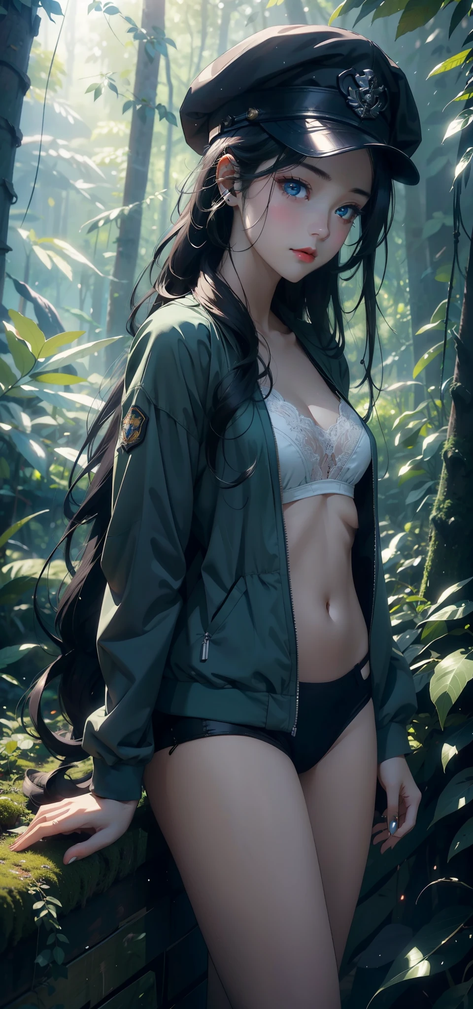 1 female,Small (background:In the woods,Rainforest,In the summer,Strong wind) She has long black hair,Extra long hair,Long hair flying,Straight Hair,Red lips,stand up,Front view, OK, Gloomy sky,(((masterpiece),(Highly detailed CG Unity 8k wallpaper),最OK质量,Light,详细background,Beautiful blue eyes,(Very delicate and beautiful),(Beautiful and detailed description of the eyes),Super detailed,masterpiece,)),face camera,high resolution,Super detailed),Exposing breasts,Exposing genitals, Convex,Camel toe,Sexy bulge,us airforce(wear:Green Bomber Jacket,Military cap)