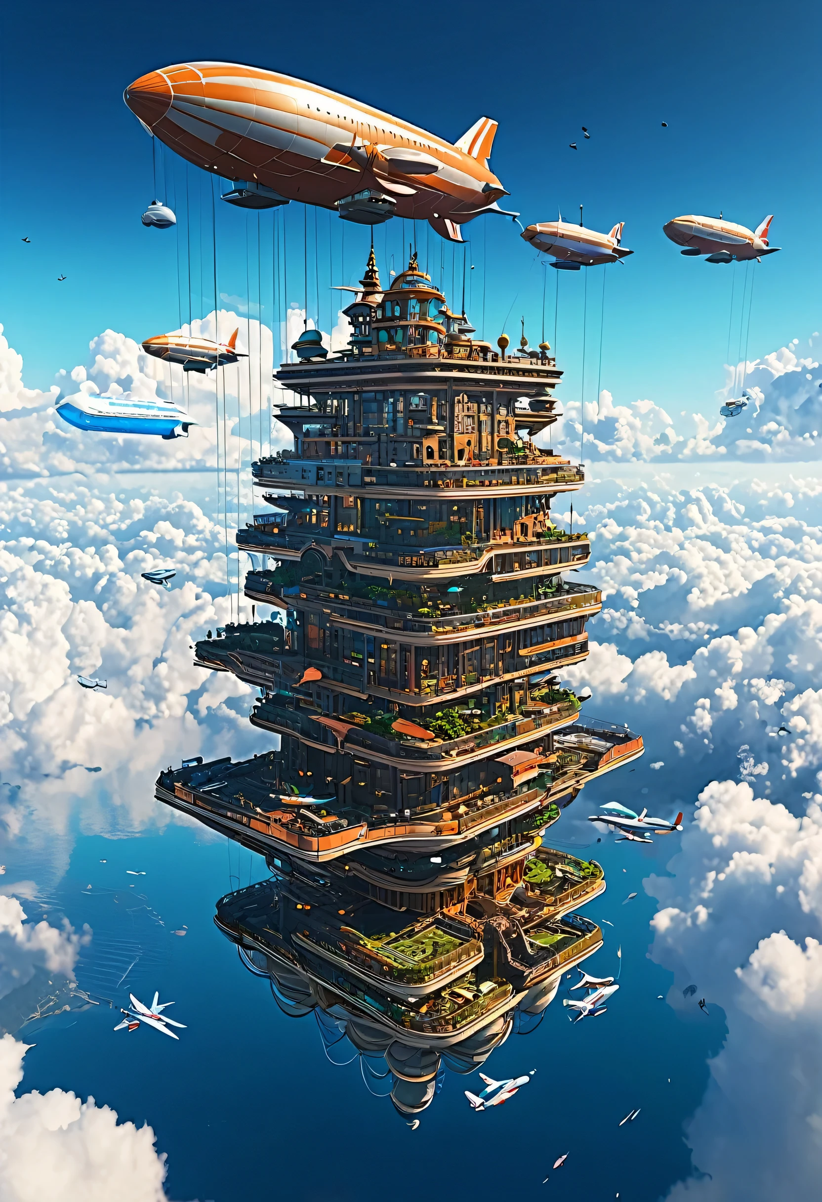 A high quality digital art of a floating city in the clouds, with airships docking at sky-high platforms and clouds serving as roads, futuristic, whimsical, high-altitude, extremely detailed. The image showcases the city with intricate micro details visible even at a 4k resolution. The scene captures the essence of a futuristic world where technology meets fantasy, all set at high altitude. The floating city features diverse architecture, blending modern and imaginative elements seamlessly. The airships are vibrant and dynamic, adding a sense of movement and energy to the artwork. The clouds are depicted as ethereal pathways, weaving through the sky-high platforms in a mesmerizing way. This detailed and whimsical piece of art is sure to transport viewers to a dazzling world above the clouds.
