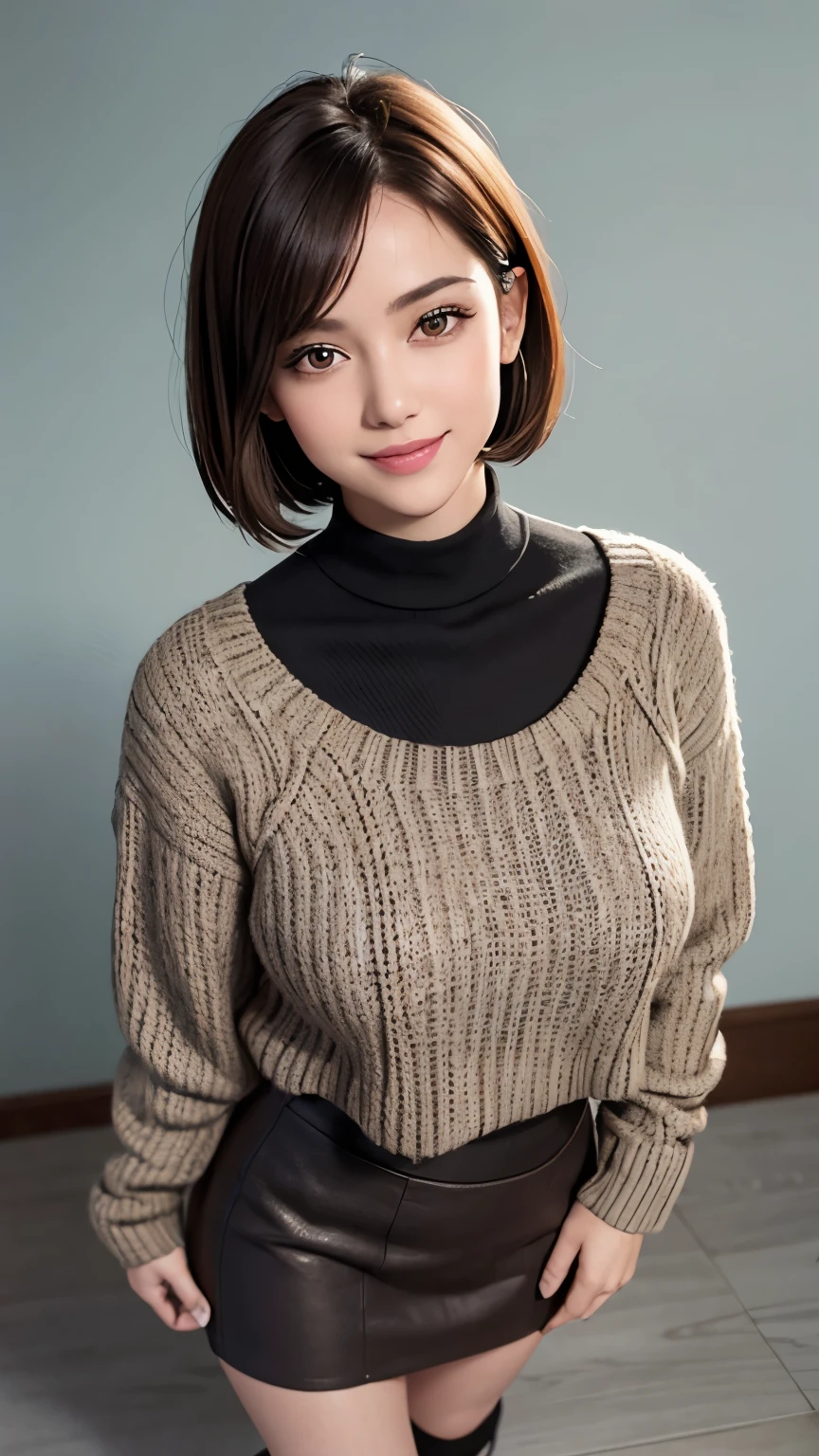 highest quality, Very high resolution, (Realistic:1.4), (Fine reproduction:1.4), Facial details, Beautiful Eyes, Wearing a knitted sweater & mini skirt, full length, One girl, smile,  Sharp Bob, Brown Hair, From above,