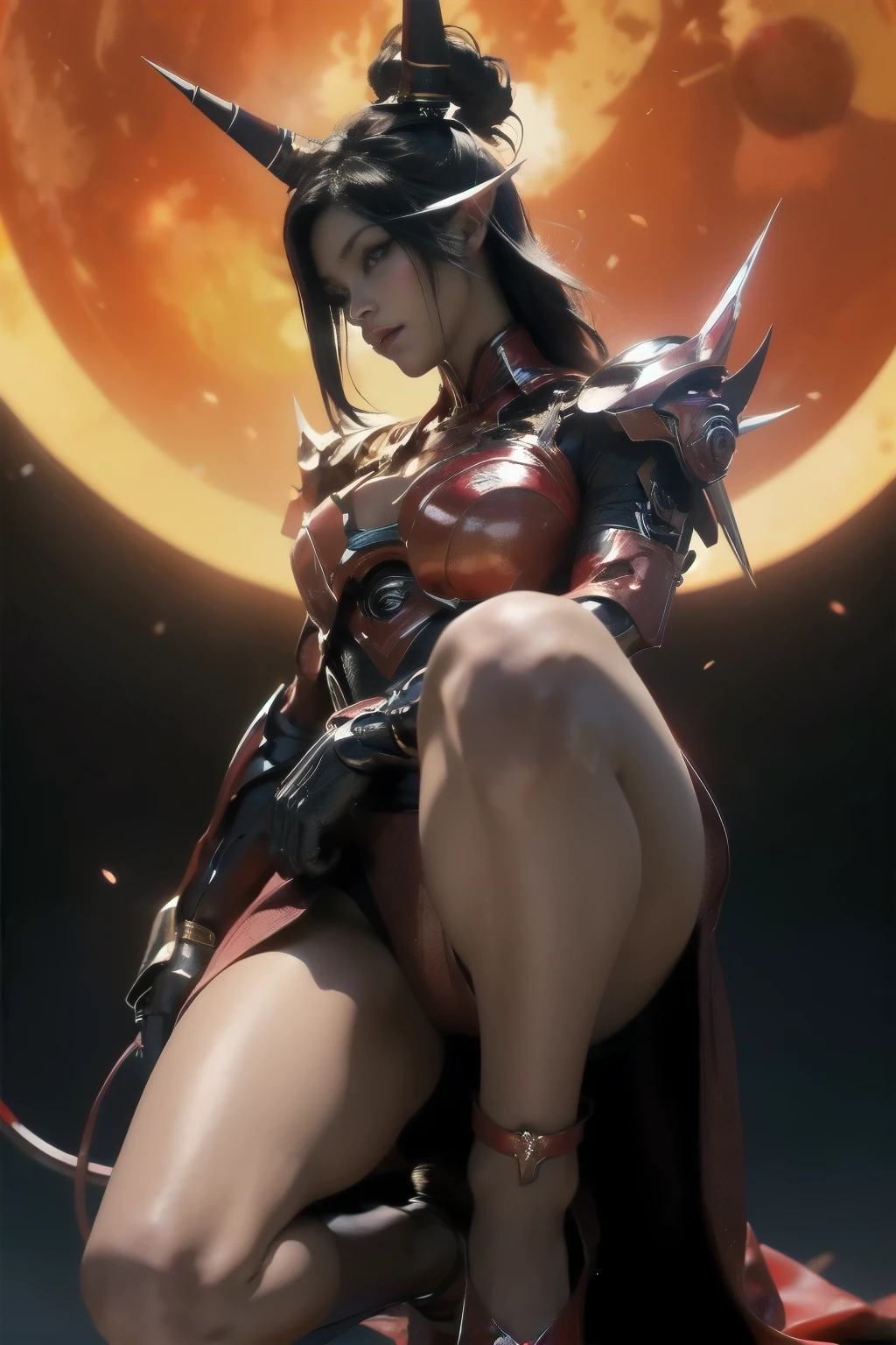 (JoJo Standing), cyborg少女、Horned demon with bright red wings falling from the sky, (RAW Photos), Beautiful Effects, Vibrant colors, The body is made of dragon scales, of the Dragon God、Ray Tracing, Tabletop, highest quality, super high quality, 不条理なdetailed, (The best light), (Best Shadow), sharp, Clear images, detailed, 非常にdetailed, High resolution, 8k, 4K, Hmph, Volumetric, detailed black armor, (Particle Effects), Creative image backgrounderged with the machine、The body is made by machine、Our bodies are made of machines、A beautiful, very detailed porcelain woman in profile、cyborg、Robot parts、150mm、Beautiful studio soft light、Rim Light、鮮明なdetailed、Gorgeous cyberpunk、Ren Hao、Surreal、Anatomical、nsfw girl、Cables, Wires, Microchips、elegant、Beautiful background、Big Red Full Moon、AI-Generated Paintings by Sea Art、It depicts a fascinating image of yin and yang., (highest quality, Exquisite design, The The best lighting, Better shading).High heels、Angle from below the knee、anklet、Red background on red moon background、Red eyes、The flame that burns everything、disaster々burn、disaster々It gives off an aura、