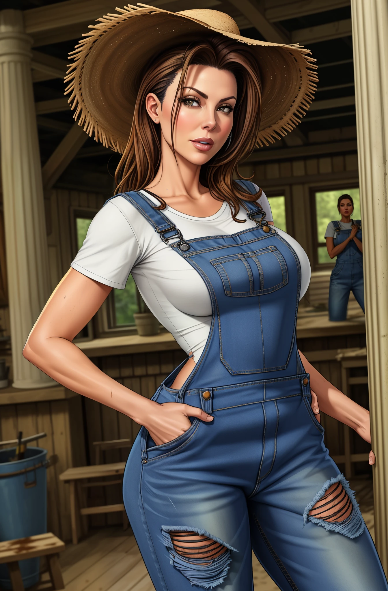 Kari Wuhrer, arafed woman in a denim jumpsuit leaning against a column, wearing overalls, wearing blue jean overalls, blue overalls, overalls, torn overalls, wearing dirty overalls, artist wearing overalls, artist wearing torn overalls, wearing a straw hat and overalls, , double denim,