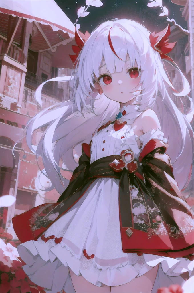 Anime girl with long white hair and red eyes in a white dress - SeaArt AI