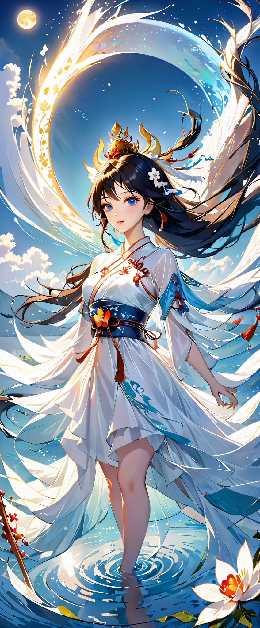 anime girl in a white dress floating in the water with a boat, xianxia fantasy, goddess of the moon, a beautiful fantasy empress, by Yang J, chinese fantasy, beautiful maiden, queen of the sea mu yanling, moon goddess, lunar goddess, flowing magical robe, beautiful celestial mage, by Leng Mei, ((a beautiful fantasy empress))