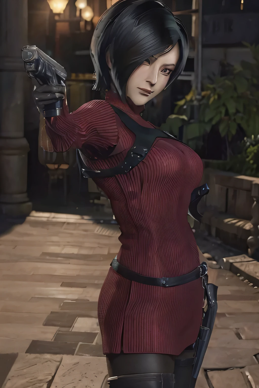 1 rapariga， solo， Ada Wong in Resident Evil 4 Remake， short detailed hair， brunette color hair， Red cheongsam， Short-sleeved shirt， Nero， nedium breasts， upper limbs， hindquarters， Black heels， Adriana's face， Find your audience， sly smile， A pistol was hung on her waist， best qualtiy， hight resolution：1.2， 18th century village in the background， Shadowing， Nightmare， rays of moonlight， Upper body photography， Low camera angle、depth of fields、center focused