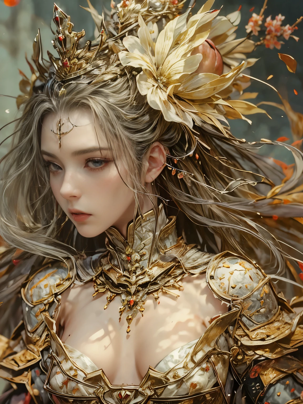 (8K, highest quality, masterpiece),(Realistic, RAW Photos, Super Fine Clear), Realistic Light, Detailed skin, (1 beautiful 25 years old girl:1.5), (queen:1.5), Thin legs, fine grain, white long hair, Detailed fingers, thin, Sexual, Ecstasy facial expression, Super big , boucing firm bust, The chest part of the armor is wide open, Chest exposed, (deep scarlet armor), (peach, peach園, Flower storm), lakeside palace