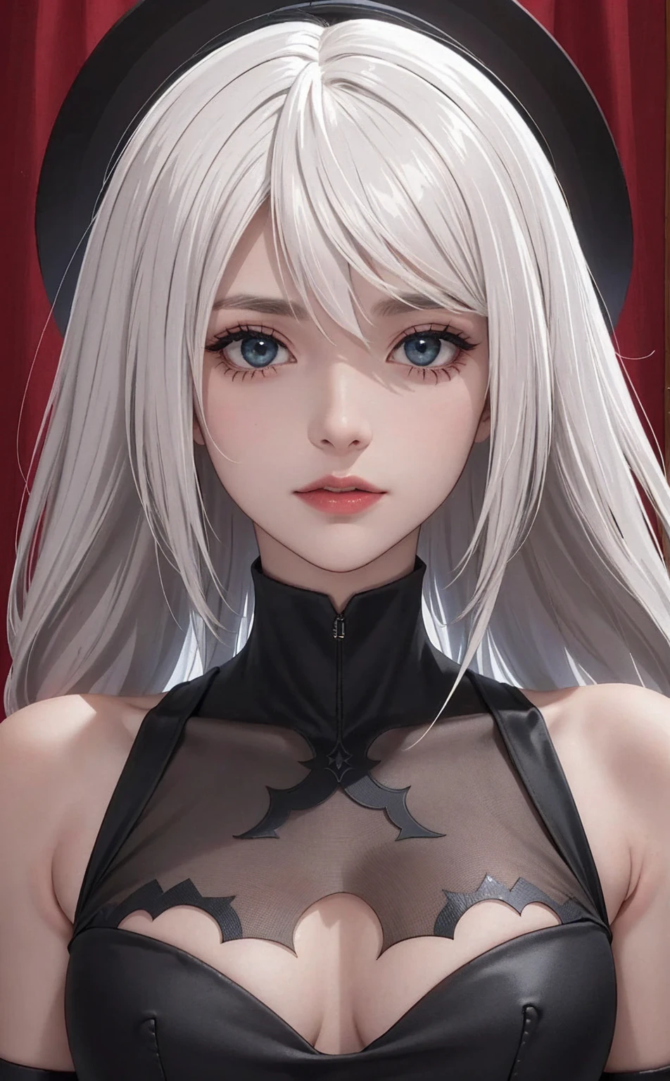 Pale skinned woman, cabelos negros e ondulados; olhos completamente negros; close no rosto.
