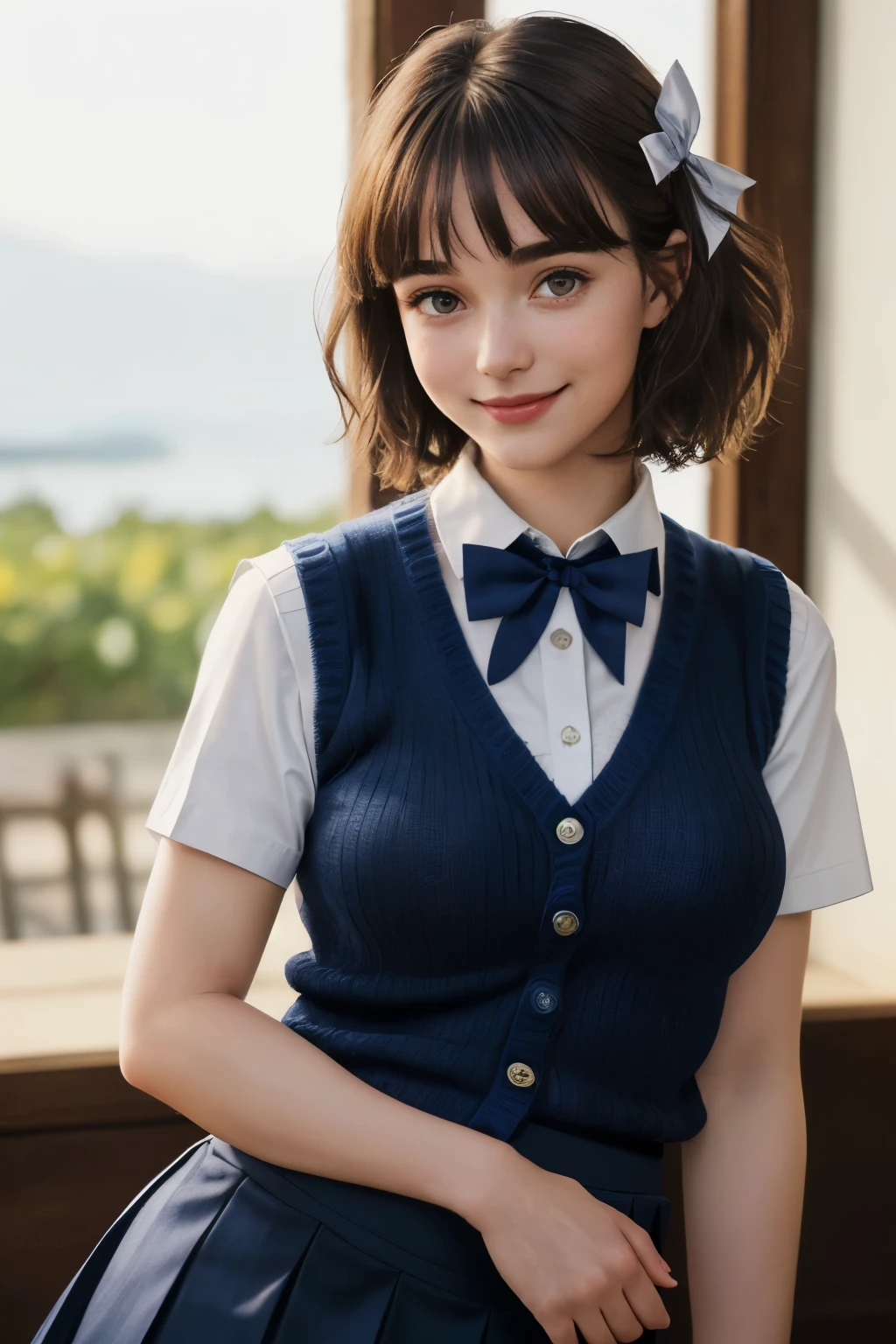 (masterpiece:1.2, highest quality), (Realistic, photoRealistic:1.4), Beautiful illustrations, (Natural Side Lighting, Cinema Lighting), Written boundary depth, 
Looking at the audience, (Face Focus, Upper Body), Front view, 1 girl, English, high school girl, 15 years old, Perfect Face, Symmetrical cute face, Shiny skin, 
(Bob Hair:1.7,blonde), Asymmetrical bangs, Big eyes, Droopy eyes, long eyelashes chest), thin, 
Beautiful Hair, Beautiful Face, Beautiful and beautiful eyes, Beautiful clavicle, Beautiful body, Beautiful breasts, Beautiful thighs, Beautiful legs, Beautiful fingers, 
((High-quality fabric, brown knit vest, Short sleeve white collar shirt, Navy Pleated Skirt, Navy bow tie)), 
(Beautiful views), evening, (Inside the flower shop), Are standing, (smile, Superior, Open your mouth),  (((Skirt flip, I can see your pants)))
