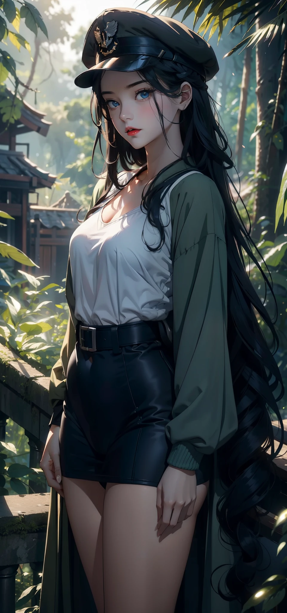 1female,41 years old,熟妇,A MILF ,Married Woman, mature,plumw,extremely large bosom ,Pornographic exposure, 独奏,(Background with:stunning view,ln the forest,city ruins,There is a lot of war)Snow-white skin, She has short black hair,Twist braids,Stand deep in the forest,seen from the front, hair straight,(((tmasterpiece),(Very detailed CG unity 8K wallpaper),best qualtiy,cinmatic lighting,detailed back ground,beatiful detailed eyes,Bright pupils,Redlip(Very fine and beautiful),(Beautiful and detailed eye description),ultra - detailed,tmasterpiece,)),facing at camera,A high resolution,ultra - detailed),revealing breasts,Bare genitalia, Bulge,legs are open,Raised sexy,Camel toes,Flushed complexion,Soviet soldiers,frontage,military hat(Wearing:Dark green blazer,Black tights)