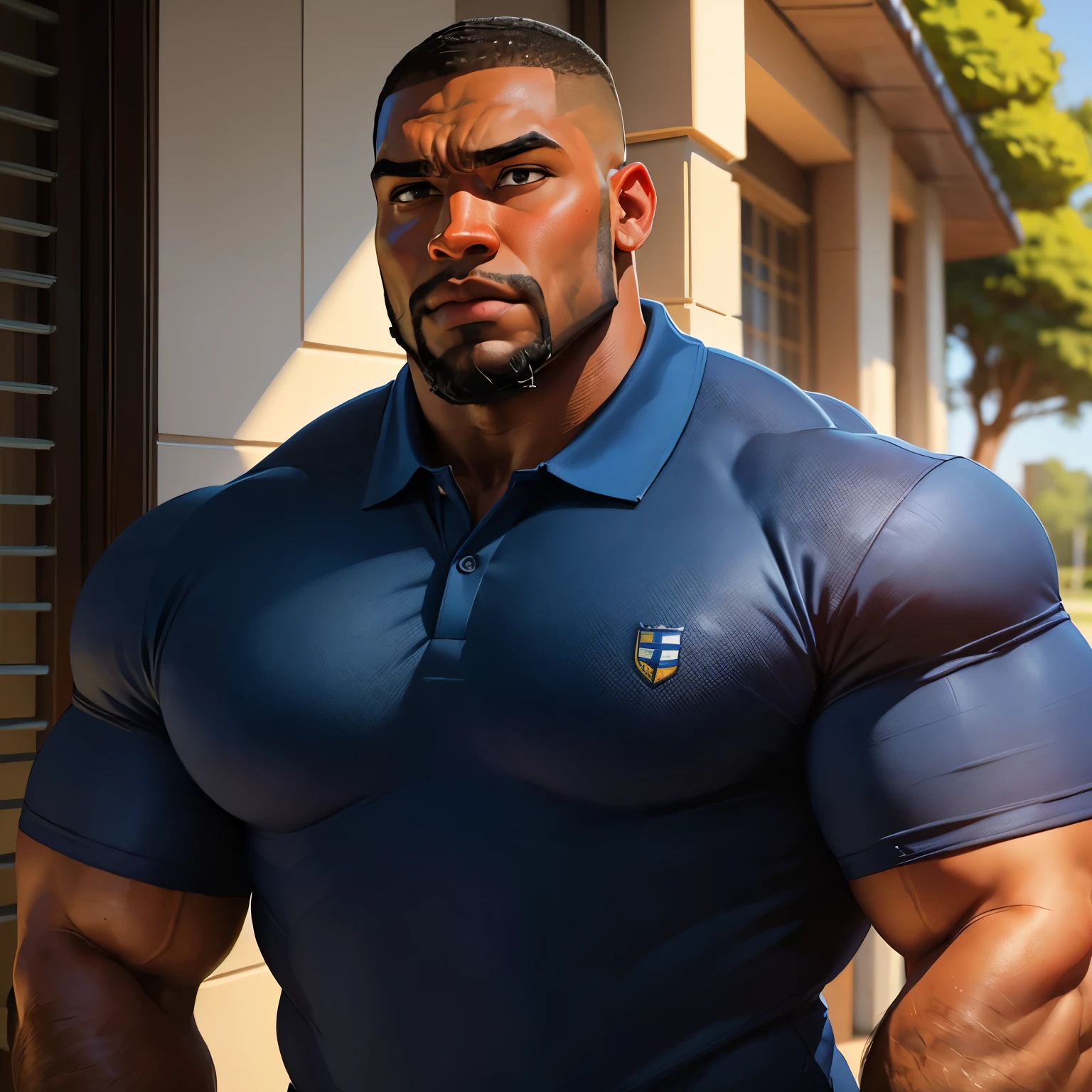 an exaggeratedly muscular and large bodyguard, beefy build, beard, dark-skinned african american male, buzzcut hair with square line, (worried expression: 1.2), (wearing blue college polo shirt: 1.2), (bara pecs: 1.3), (arm and chest hair: 1.1), close-up portrait HD, (grassy university campus)