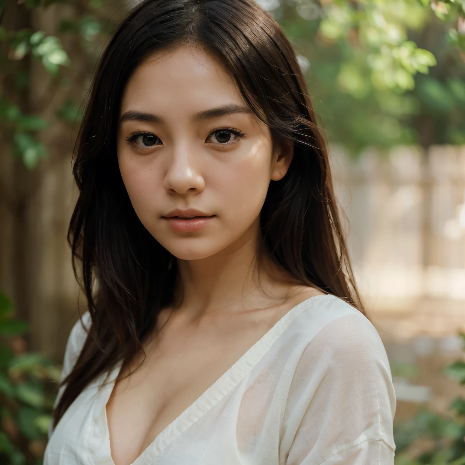 Create a portrait of a young japan woman with an ethereal and serene expression, reminiscent of a watercolour painting with a mixture of realism and abstraction. The woman's centred, far-away gaze gives her eyes a sense of thoughtfulness and serenity. Her black hair responds to the watercolour medium, making her appear soft and fluid as she disappears into the background. The background is a neutral-toned watercolour, soft and undefined, blending in with the edges of her form. Her lips are tinted a soft pink and are a little distant, as if she is about to speak. The lighting is gentle and diffused, with light from one side creating subtle shadows, highlighting the features of her face and the graceful curve of her neck. Her clothing is not detailed but suggestive, focusing on her face and the soft flow of her hair. Colours are generally muted and less saturated.