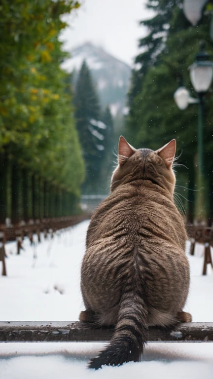 A realistic back view of a lonely cat in nature。bad weather。