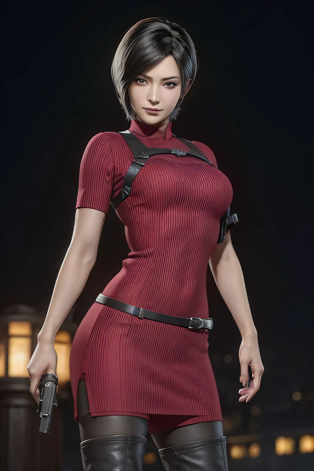 1 rapariga， solo， Ada Wong in Resident Evil 4 Remake， short detailed hair， brunette color hair， Red cheongsam， Short-sleeved shirt， Nero， nedium breasts， upper limbs， hindquarters， Black heels， Adriana's face， Find your audience， sly smile， A pistol was hung on her waist， best qualtiy， hight resolution：1.2， 18th century village in the background， Shadowing， Nightmare， rays of moonlight， Upper body photography， Low camera angle、depth of fields、center focused