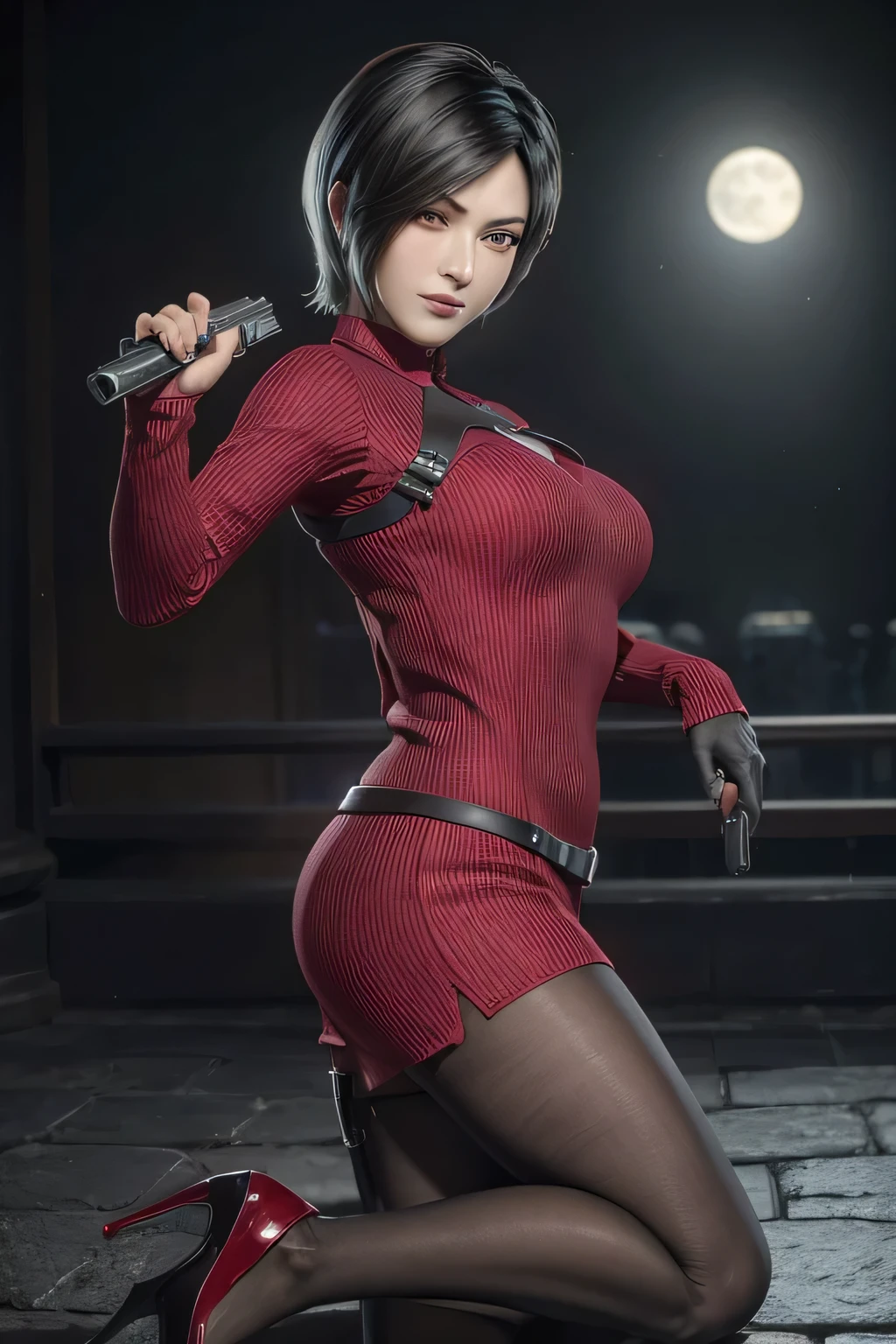 1 rapariga, solo, Ada Wong in Resident Evil 4 Remake, short detailed hair, brunette color hair, Red cheongsam, Short-sleeved shirt, Nero, nedium breasts, upper limbs, hindquarters, Black heels, Adriana's face, Find your audience, sly smile, A pistol was hung on her waist, best qualtiy, hight resolution:1.2, 18th century village in the background, Shadowing, Nightmare, rays of moonlight, Upper body photography, Low camera angle、depth of fields、center focused