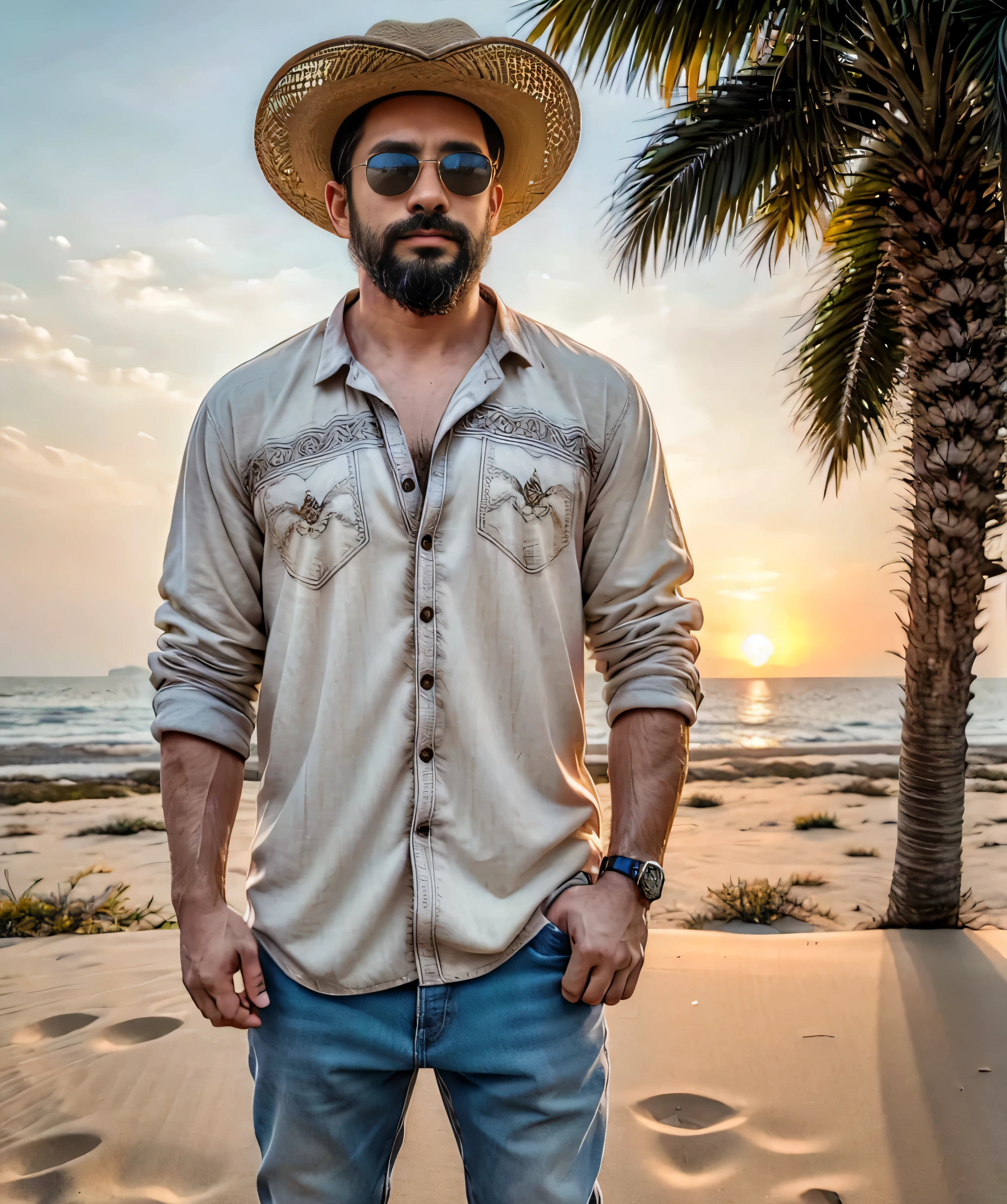 Obra maestra, desenfoque de campo, Parte superior del cuerpo, Hands in pants pockets , 38 year old man with beard.., sombrero vaquero y gafas de sol. Man in blanket shirt in a Netflix drug trafficking series with a sunset in the background.