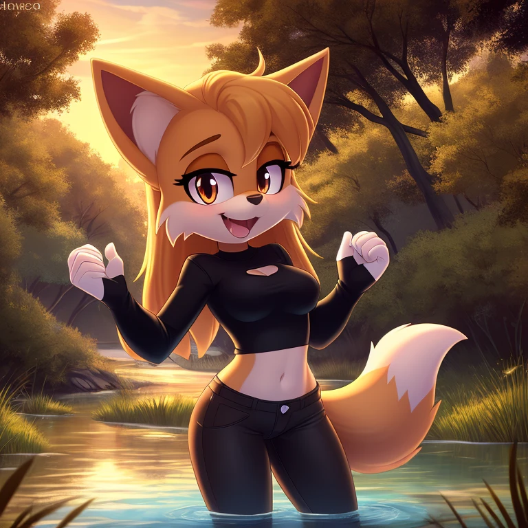 masterpiece, best quality, ultra-detailed, cinematic lighting, beautiful lighting, detailed background, detailed iris, detailed eyes, shading, intricate details, ((sharp, dynamic pose, expressive eyes)), ((4k)), ((2d, 2d art)), digital art, solo, outdoors, 1girl, smile, animal ear fluff, navel, hairband, open mouth, crop top, long hair, animal ears, breasts, tree, furry, blush, clothing cutout, black shirt, shirt, shoulder cutout, fox girl, orange hair, hands up, bangs, cowboy shot, pants, white gloves, animal nose, gloves, fox ears, nature, standing, furry female, happy, water, sunset, looking at viewer, orange fur, forest, long sleeves, ribbon, black pants, black hairband, clenched hands, sky, tail, hair ribbon, fang, midriff, black ribbon, medium breasts, fox tail, very long hair, orange eyes, stomach, heart, body fur, river, :3, sidelocks, white fur, shiny, lake, grass, small breasts, scenery, fur trim, blonde hair