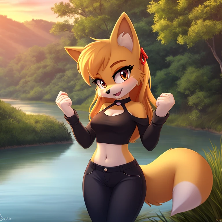 masterpiece, best quality, ultra-detailed, cinematic lighting, beautiful lighting, detailed background, detailed iris, detailed eyes, shading, intricate details, ((sharp, dynamic pose, expressive eyes)), ((4k)), ((2d, 2d art)), digital art, solo, outdoors, 1girl, smile, animal ear fluff, navel, hairband, open mouth, crop top, long hair, animal ears, breasts, tree, furry, blush, clothing cutout, black shirt, shirt, shoulder cutout, fox girl, orange hair, hands up, bangs, cowboy shot, pants, white gloves, animal nose, gloves, fox ears, nature, standing, furry female, happy, water, sunset, looking at viewer, orange fur, forest, long sleeves, ribbon, black pants, black hairband, clenched hands, sky, tail, hair ribbon, fang, midriff, black ribbon, medium breasts, fox tail, very long hair, orange eyes, stomach, heart, body fur, river, :3, sidelocks, white fur, shiny, lake, grass, small breasts, scenery, fur trim, blonde hair
