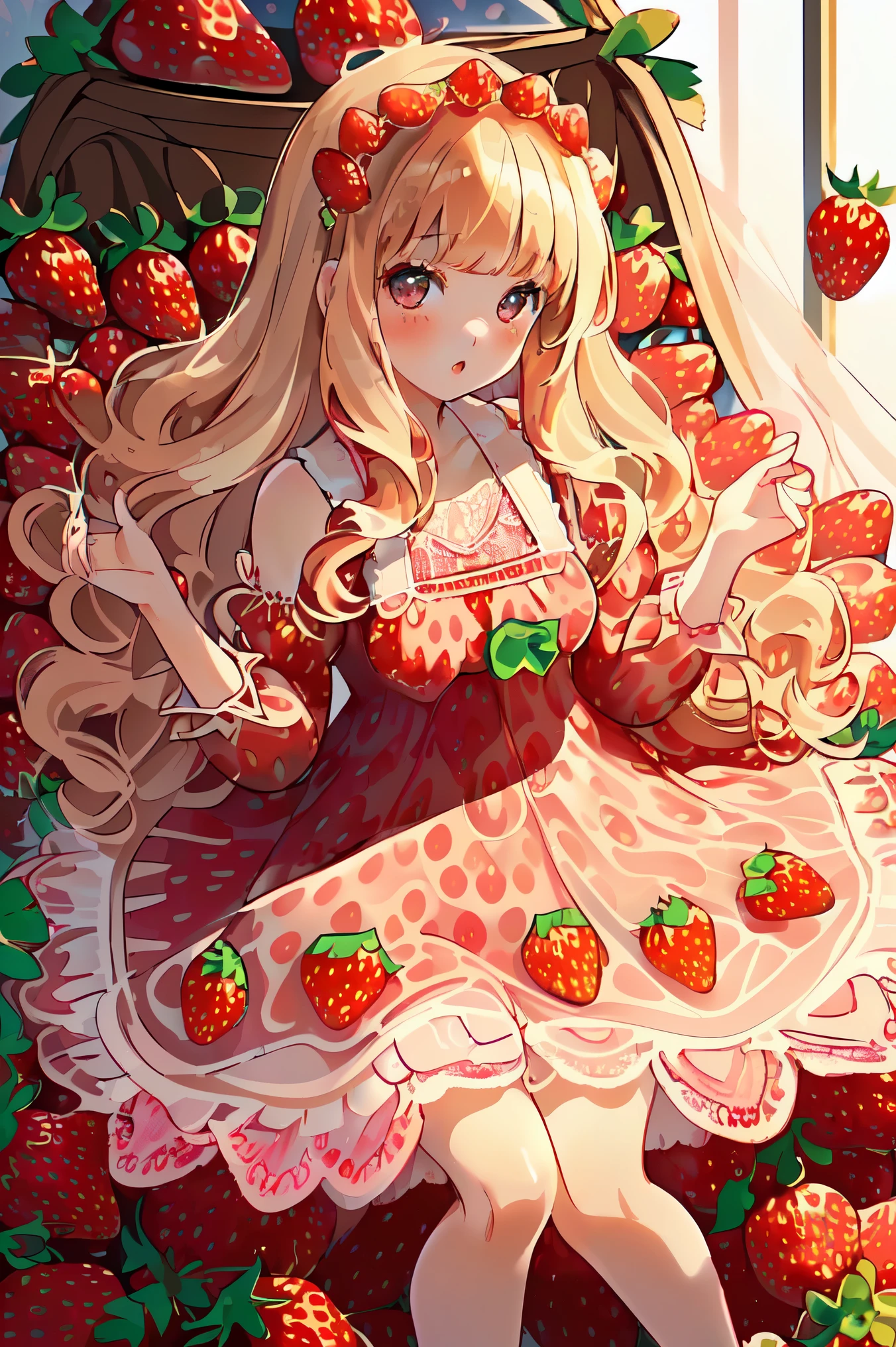 girl,cute,(blonde:1.2),(long hair with curls,:1.2),(With bangs),(Strawberry-colored eyes:1.2),(Eye size:1.5),(Strawberry motif dress:1.3),(A dress with lots of lace:1.35),(Strawberry garnish:1.6),(🍓🍓🍓🍓:1.5),(Shining Light:1.35),(Model pose:1.3),(Strawberry colored loafers:1.4),(Strawberry colored hair accessory:1.3),(Close-up of face 1.3),