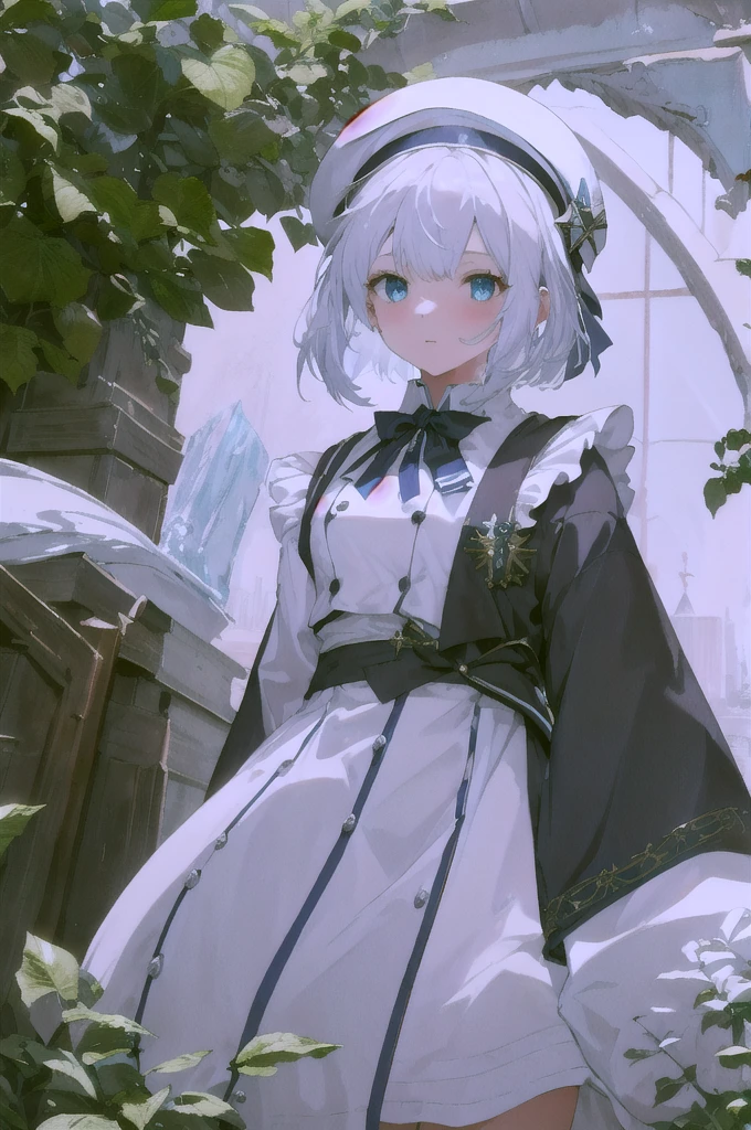 (best quality,4k,8k,highres,masterpiece:1.2),ultra-detailed,realistic:1.37,white-haired girl,white sailor uniform,blue beret,crystal-decorated grimoire,scenic garden background,vibrant colors,soft lighting