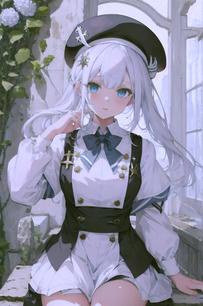 (best quality,4k,8k,highres,masterpiece:1.2),ultra-detailed,realistic:1.37,white-haired girl,white sailor uniform,blue beret,crystal-decorated grimoire,scenic garden background,vibrant colors,soft lighting