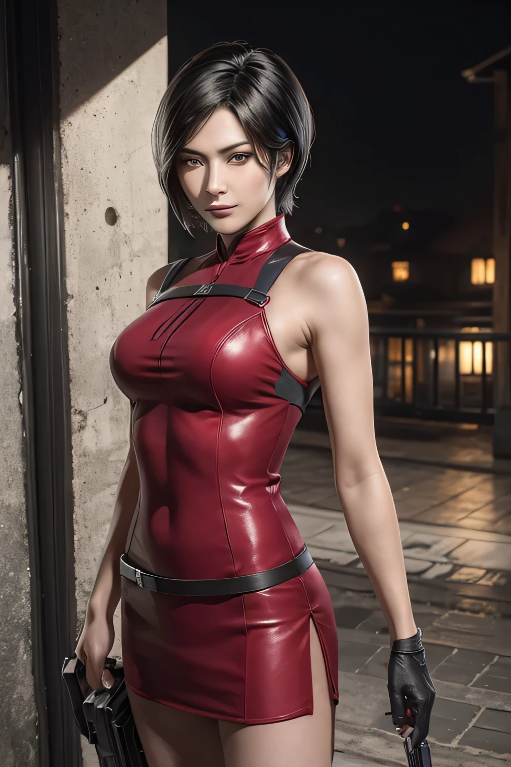 1 rapariga, solo, Ada Wong in Resident Evil 4 Remake, short detailed hair, brunette color hair, Red cheongsam, Short-sleeved shirt, Nero, nedium breasts, upper limbs, hindquarters, Black heels, Adriana's face, Find your audience, sly smile, A pistol was hung on her waist, best qualtiy, hight resolution:1.2, 18th century village in the background, Shadowing, Nightmare, rays of moonlight, Upper body photography, Low camera angle、depth of fields、center focused