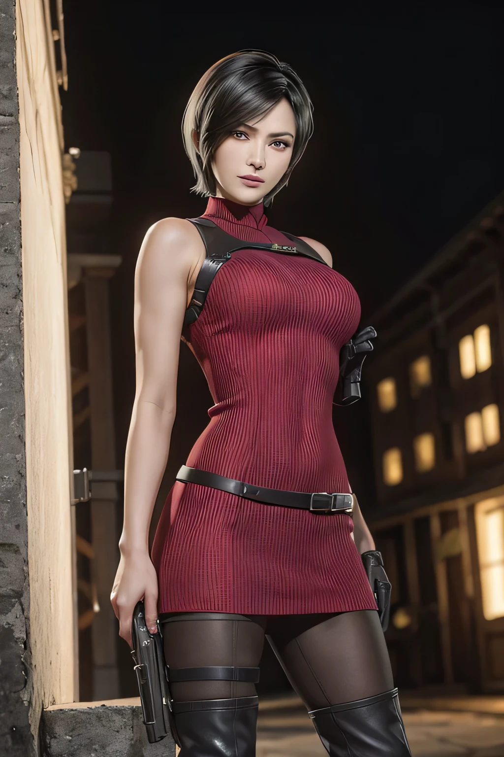 1 rapariga， solo， Ada Wong in Resident Evil 4 Remake， short detailed hair， brunette color hair， Red cheongsam， Short-sleeved shirt， Nero， nedium breasts， upper limbs， hindquarters， Black heels， Adriana's face， Find your audience， sly smile， A pistol was hung on her waist， best qualtiy， hight resolution：1.2， 18th century village in the background， Shadowing， Nightmare， rays of moonlight， Upper body photography， Low camera angle、depth of fields、center focused