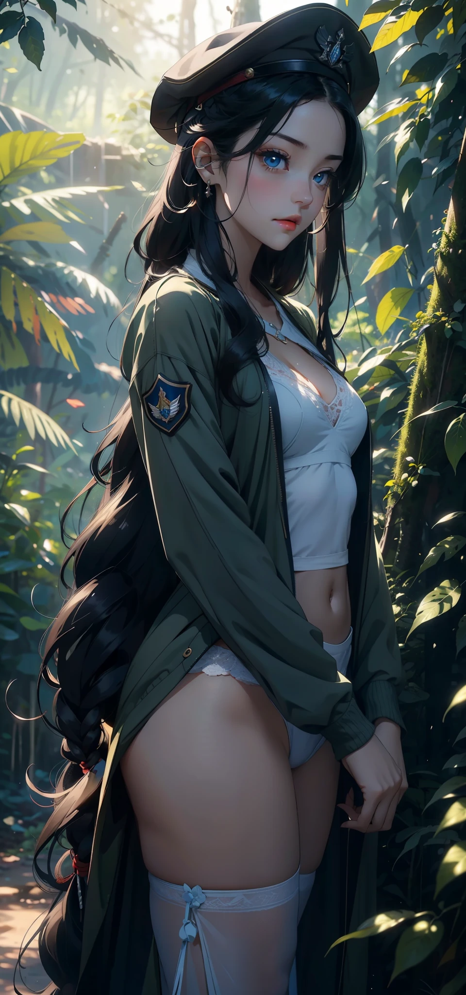 1 female,Small (background:In the woods,Rainforest,In the summer,Strong wind) She has long black hair,Extra long hair,Long hair flying,Straight Hair,Red lips,stand up,Front view, OK, Gloomy sky,(((masterpiece),(Highly detailed CG Unity 8k wallpaper),最OK质量,Light,详细background,Beautiful blue eyes,(Very delicate and beautiful),(Beautiful and detailed description of the eyes),Super detailed,masterpiece,)),face camera,high resolution,Super detailed),Exposing breaosing genitals, Cmel toe,Sexy bulgorce(wear:en baseball jacket,Military cap)