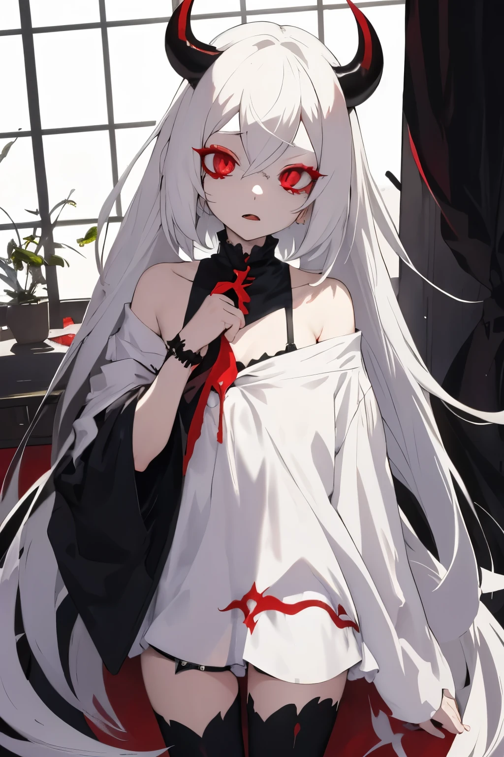 create an anime girl with blonde almost white hair, with red eyes. Make her have cute black horns, and similar to alastor from hazbin hote