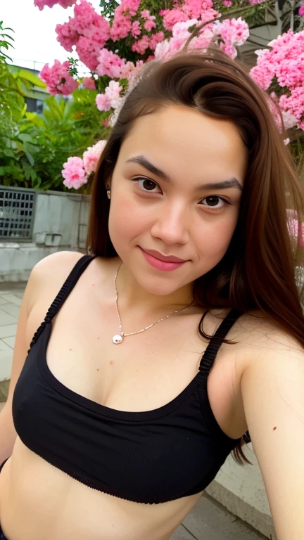 (very detailed body, highly detailed face, best quality: 1.2), women, looking at the viewer, subtle smile, (T-shirts, jeans), (confusing pink bougainvillea in the background: 1.4), UHD, retina, masterpiece, accurate, anatomically correct, textured skin, super detail, high details, high quality, award winning, best quality, highres, 16k, 8k, cinematic lighting