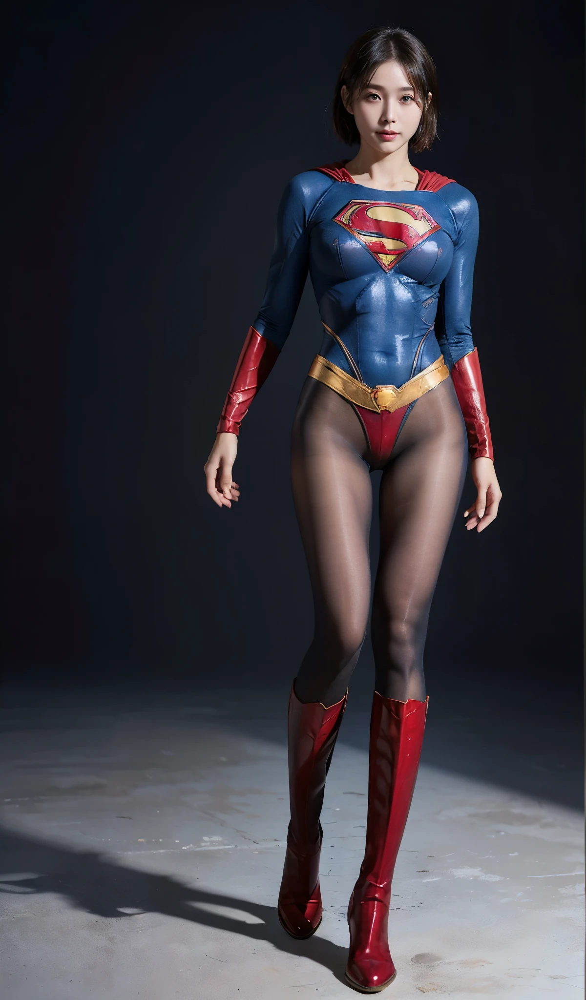 No background、(((Beautiful legs in black tights.)))、(((Legally express the beauty of your smile)))、((((Make the most of your original images)))、(((Supergirl Costume)))、(((beautiful short bob hair)))、(((suffering)))、(((Please wear black tights....、Wear red boots)))、((Best image quality、8K))、((highest quality、8K、masterpiece:1.3))、(((Preserve background )))、Sharp focus:1.2、Beautiful woman with perfect figure:1.4、Thin abdominal muscles:1.2、Wet body:1.5、Highly detailed face and skin texture、8K