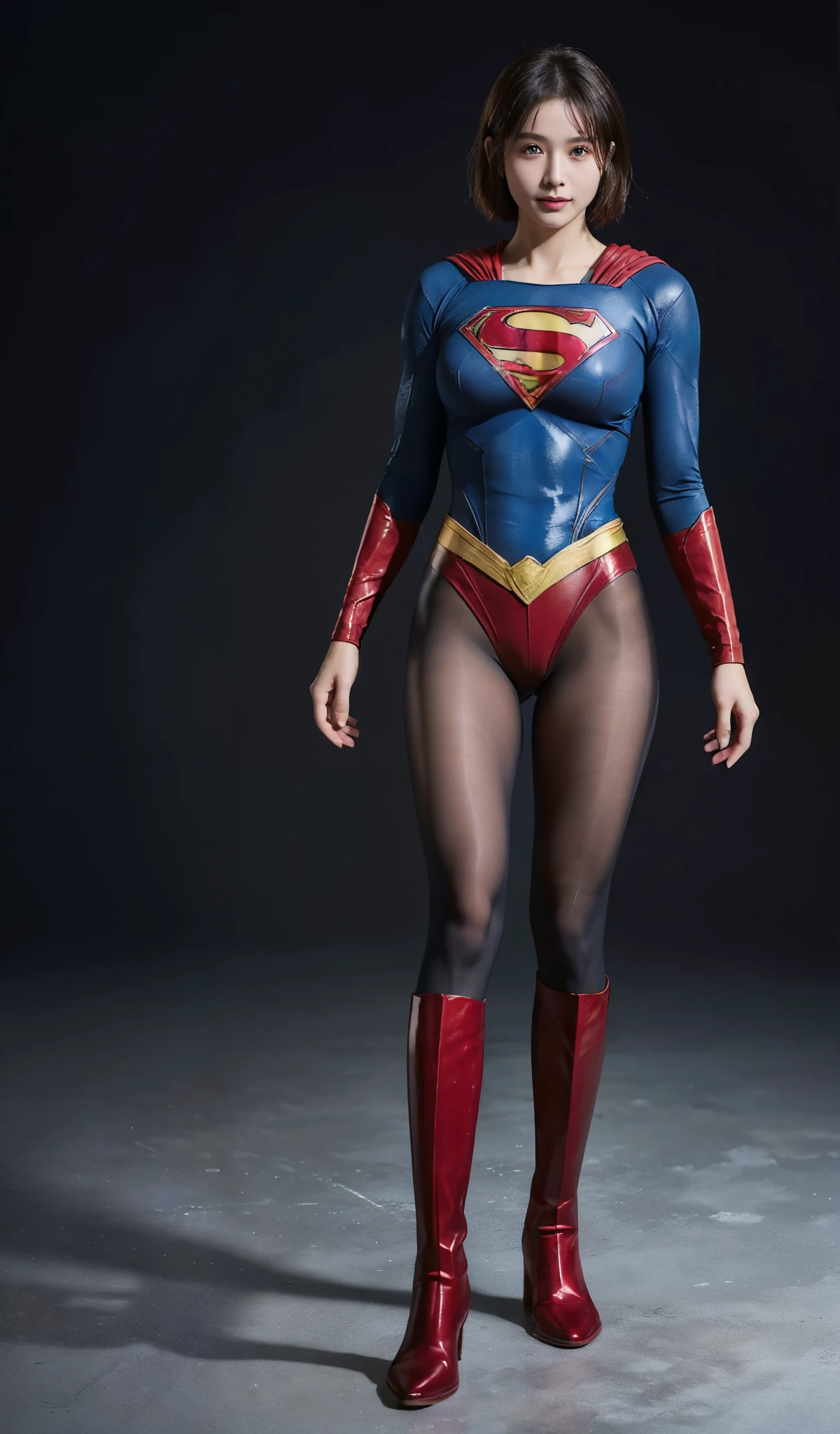 No background、(((Beautiful legs in black tights.)))、(((Legally express the beauty of your smile)))、((((Make the most of your original images)))、(((Supergirl Costume)))、(((beautiful short bob hair)))、(((suffering)))、(((Please wear black tights....、Wear red boots)))、((Best image quality、8K))、((highest quality、8K、masterpiece:1.3))、(((Preserve background )))、Sharp focus:1.2、Beautiful woman with perfect figure:1.4、Thin abdominal muscles:1.2、Wet body:1.5、Highly detailed face and skin texture、8K