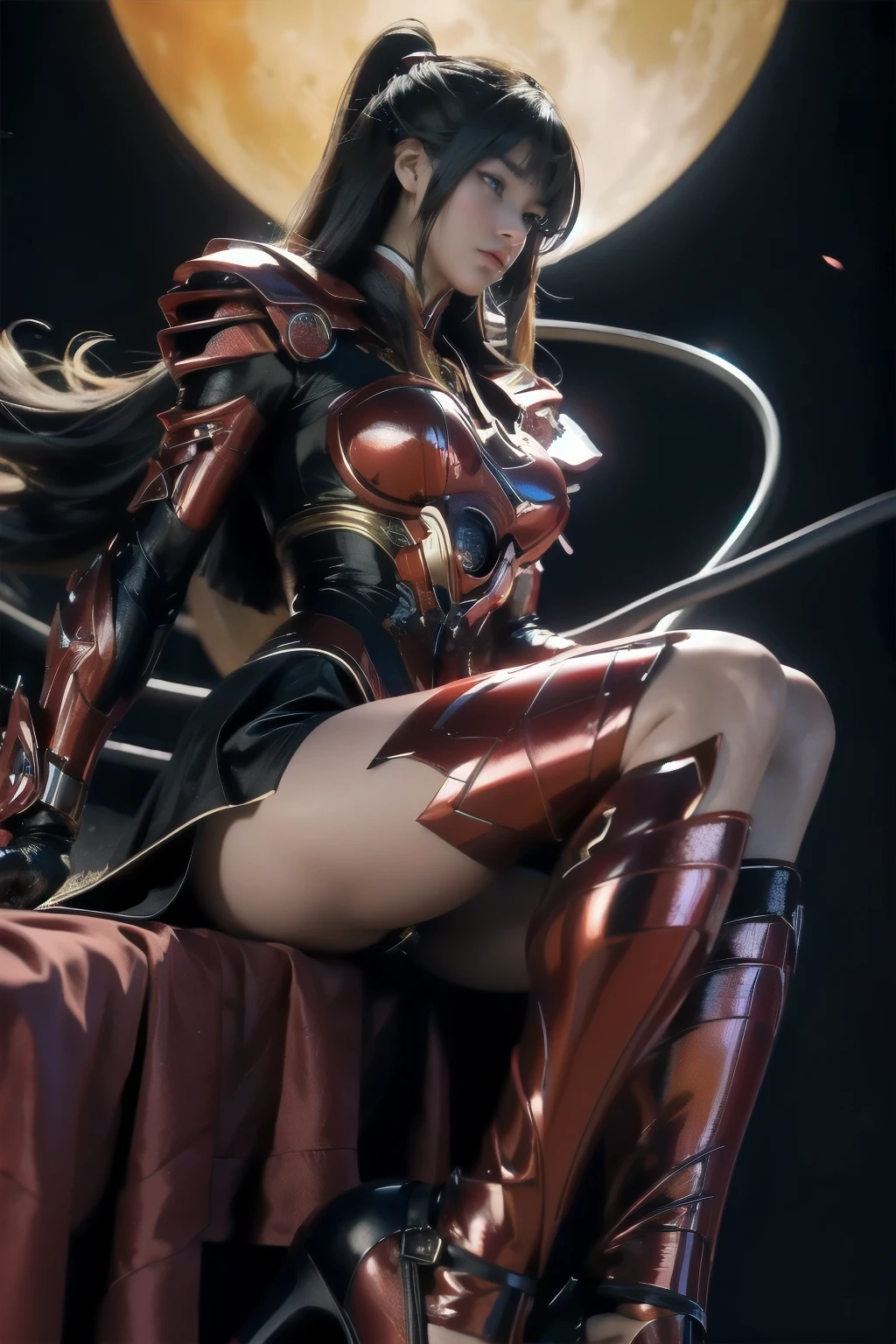 (Model Posing, K-Pop Idols), cyborg少女、Horned demon with bright red wings falling from the sky, (RAW Photos), Beautiful Effects, Vibrant colors, The body is made of dragon scales, of the Dragon God、Ray Tracing, Tabletop, highest quality, super high quality, 不条理なdetailed, (The best light), (Best Shadow), sharp, Clear images, detailed, 非常にdetailed, High resolution, 8k, 4K, Hmph, Volumetric, detailed black armor, (Particle Effects), Creative image backgrounderged with the machine、The body is made by machine、Our bodies are made of machines、A beautiful, very detailed porcelain woman in profile、cyborg、Robot parts、150mm、Beautiful studio soft light、Rim Light、鮮明なdetailed、Gorgeous cyberpunk、Ren Hao、Surreal、Anatomical、nsfw girl、Cables, Wires, Microchips、elegant、Beautiful background、Big Red Full Moon、AI-Generated Paintings by Sea Art、It depicts a fascinating image of yin and yang., (highest quality, Exquisite design, The The best lighting, Better shading).High heels、Angle from below the knee、anklet、Red background on red moon background、Red eyes、The flame that burns everything、disaster々burn、disaster々It gives off an aura、